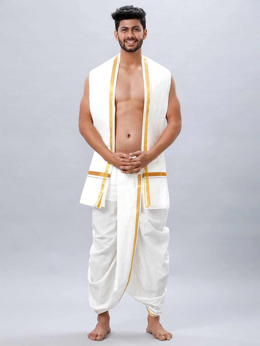 Men's Readymade Cream Panchakacham & Angavastram with Gold Jari Border Prakaspathi