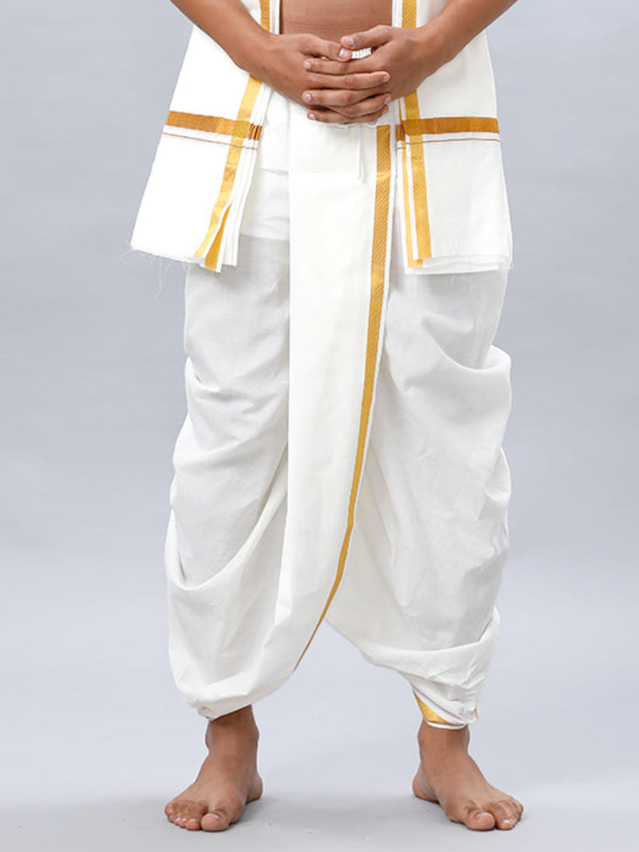 Men's Cotton Cream Readymade Panchakacham with Gold Jari Border