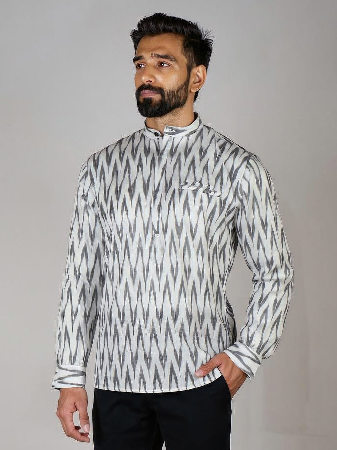 Men Cotton Short Length Self Design Pocket Kurta Whitish Grey RJ34