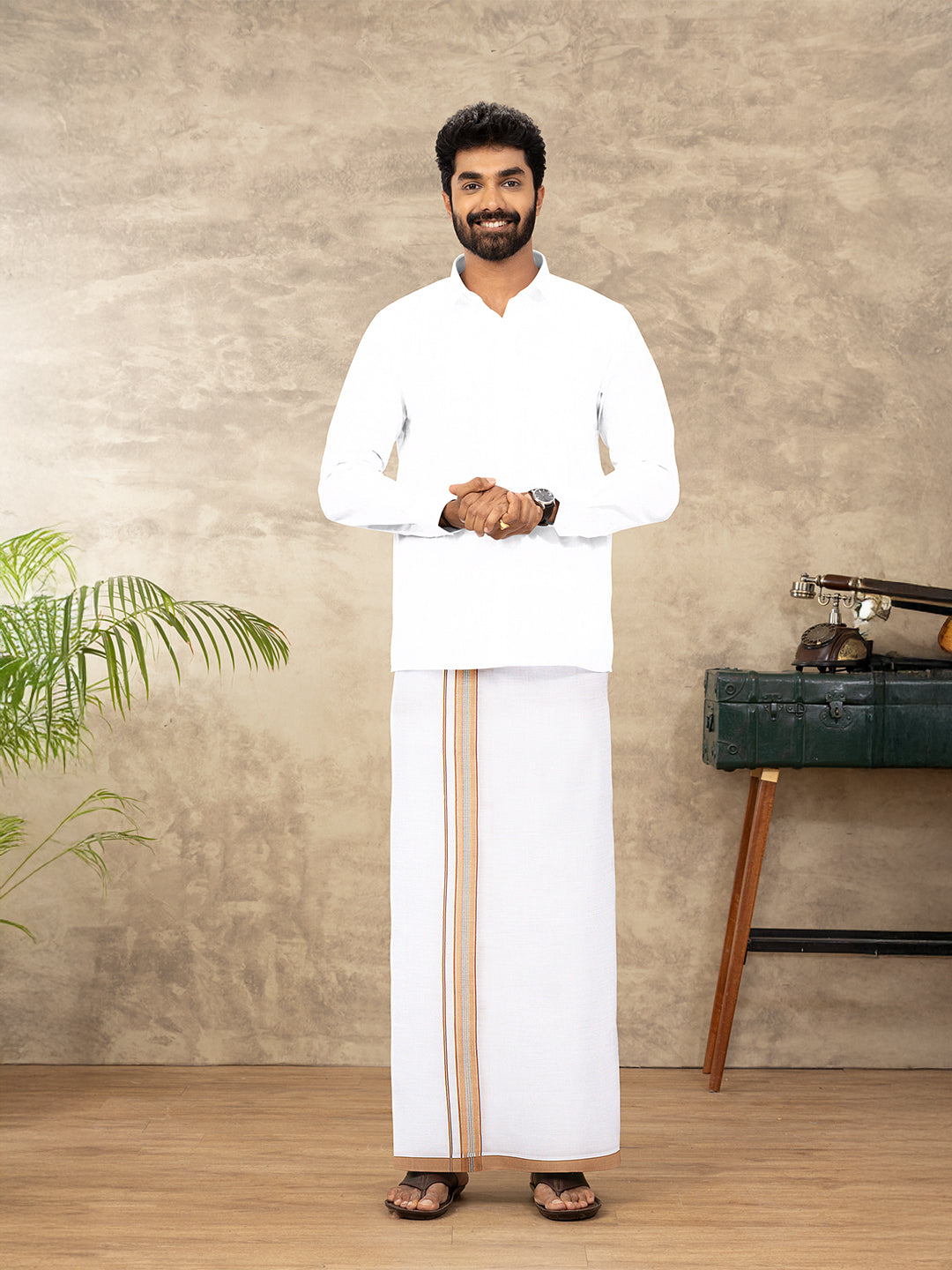 Men Cotton Blend Single Layer White Dhoti with Fancy Jari Border HSF04