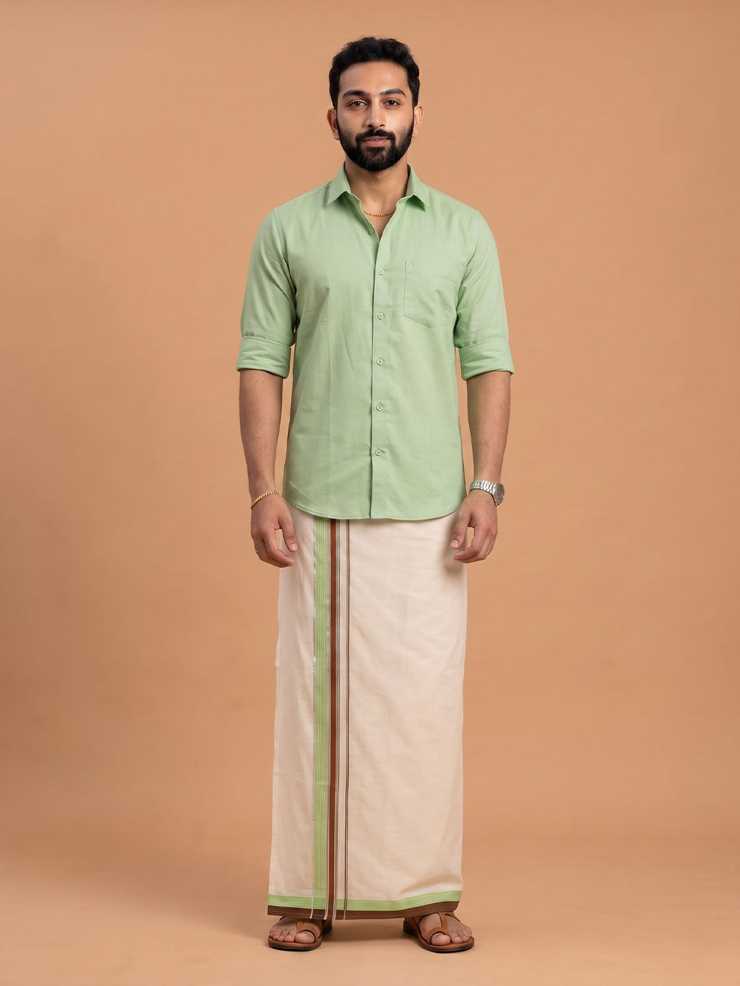 Double Layer Giza Cotton Cream Kora Dhoti with Colour Border - PKJ01