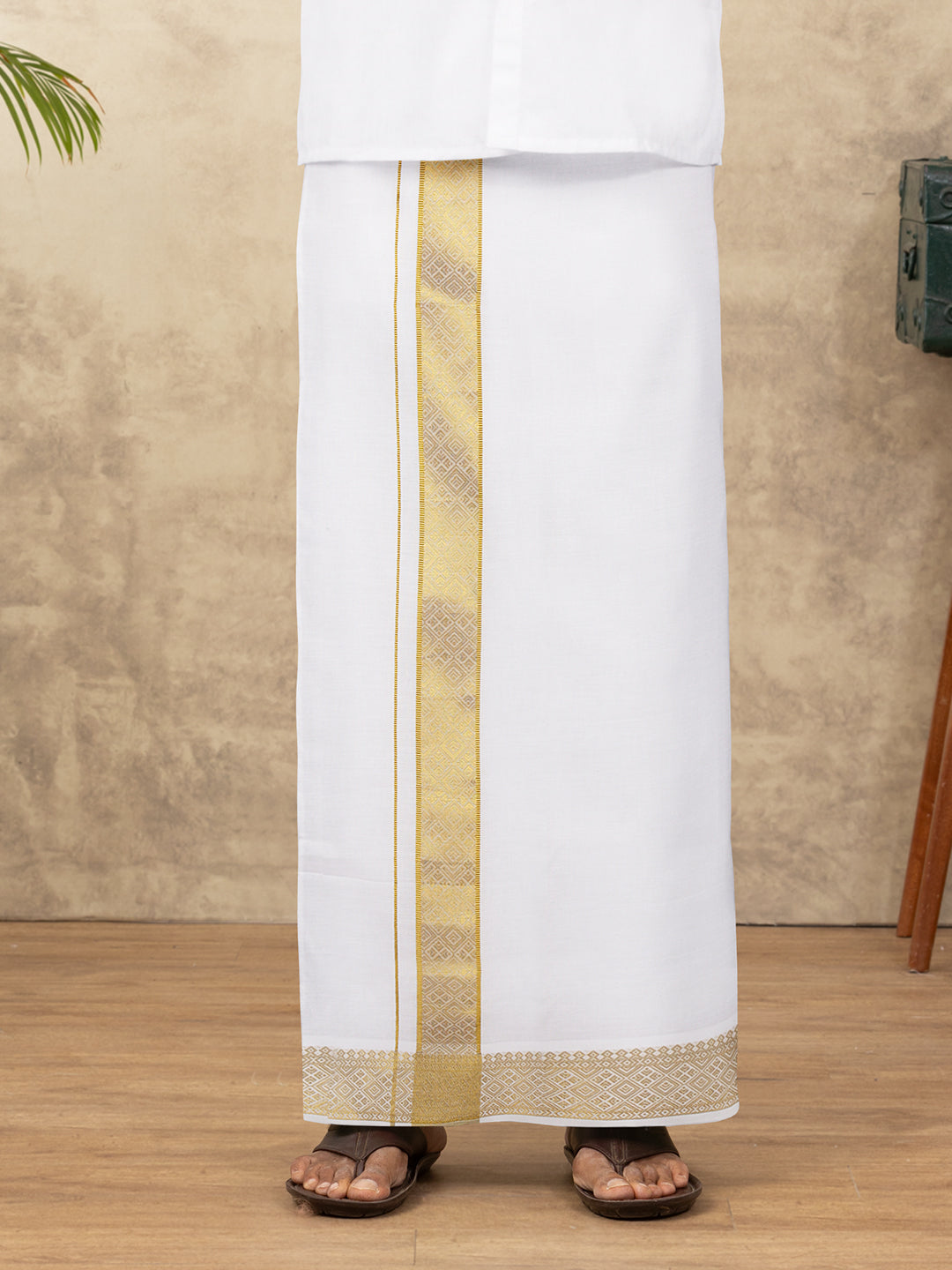 Men Cotton Blend Readymade Single Layer White Dhoti with Gold Jari Border GAA08