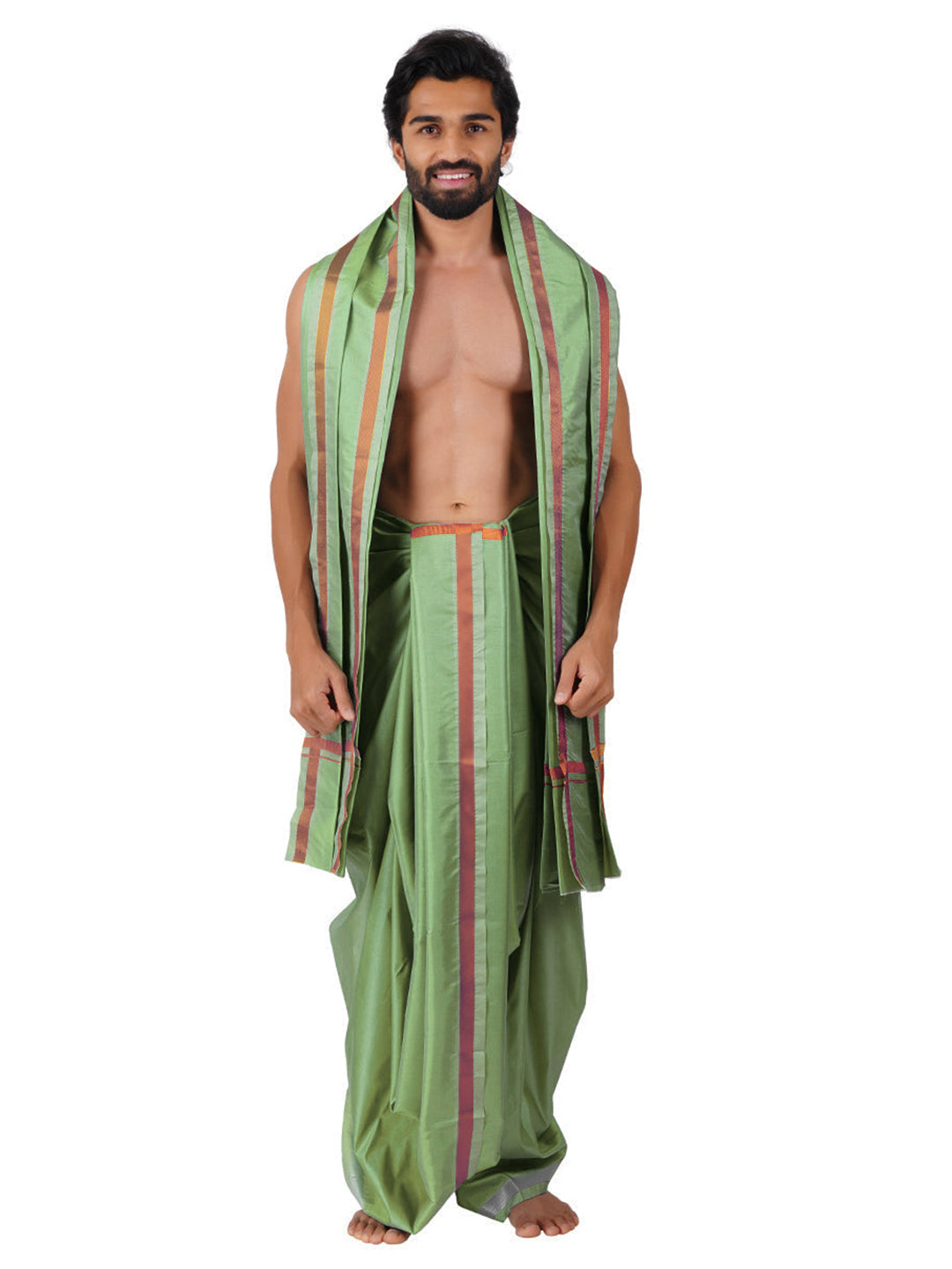 Mens Art Silk Panchakacham with Angavastram Jayadeva Silver (9+5) Green