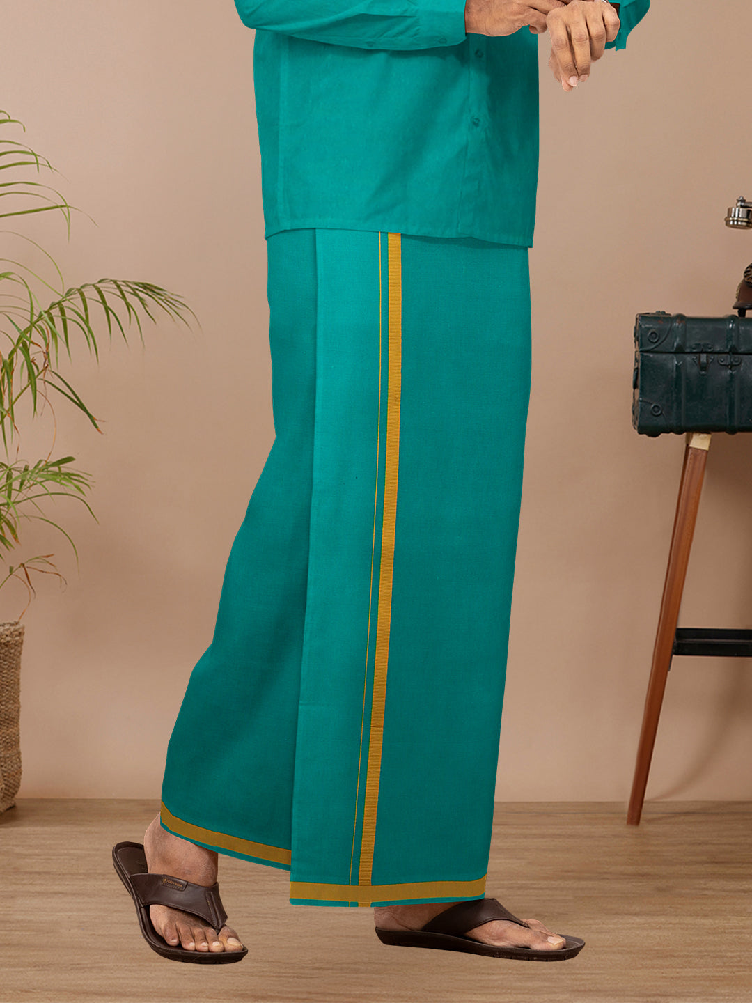 Men Cotton Blend Single Layer Green Dhoti with Big Border Poojan