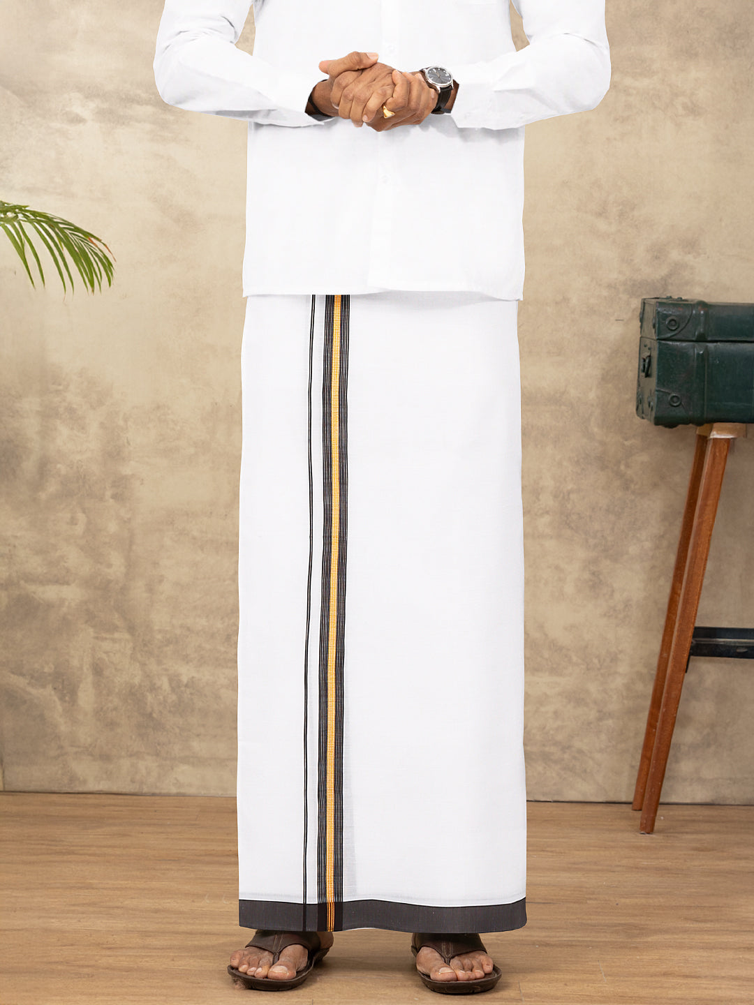 Men Cotton Blend Single Layer White Dhoti with Fancy Jari Border WGF13