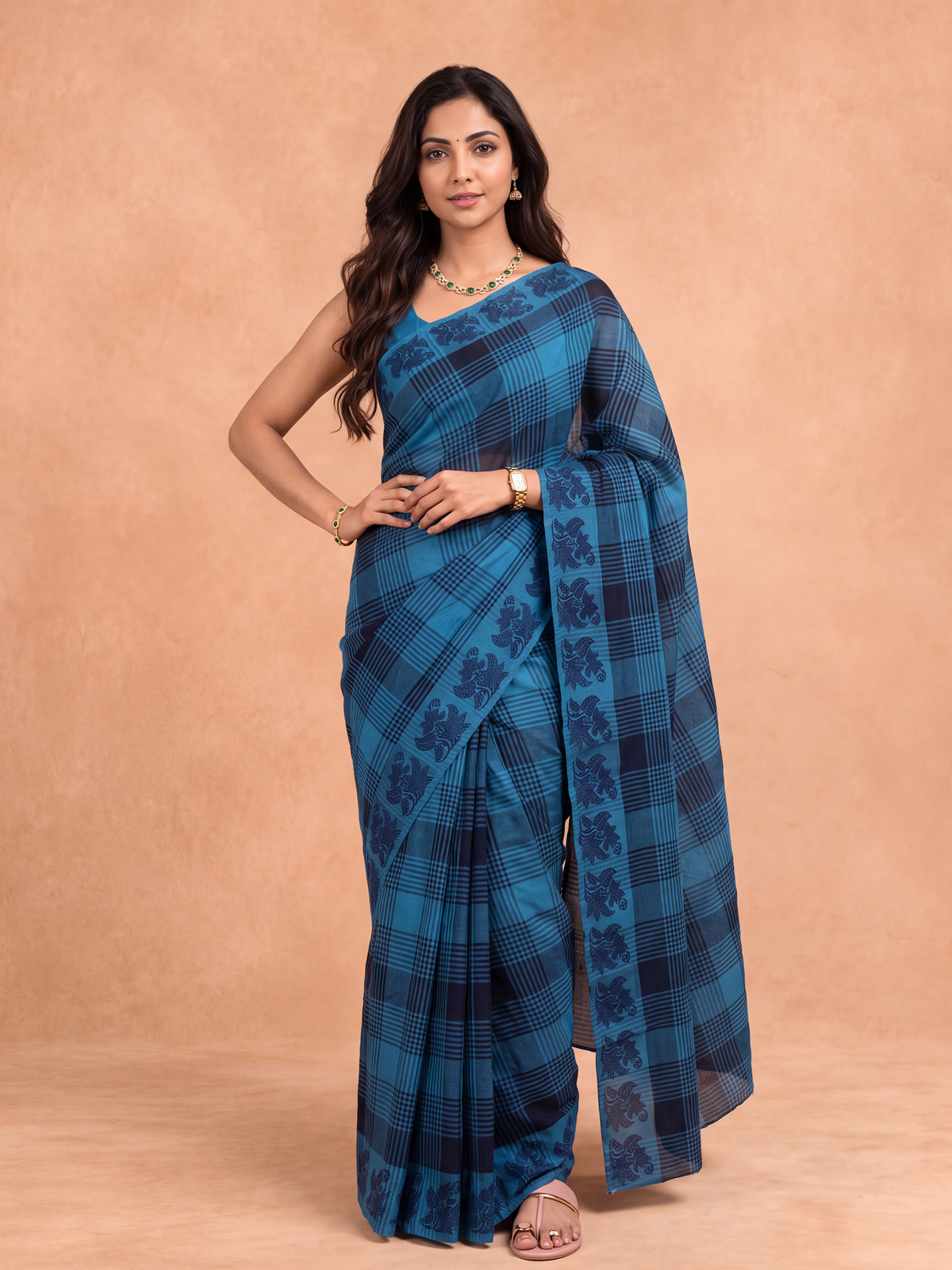 Women Chettinad Cotton Dark Blue Saree CCS14