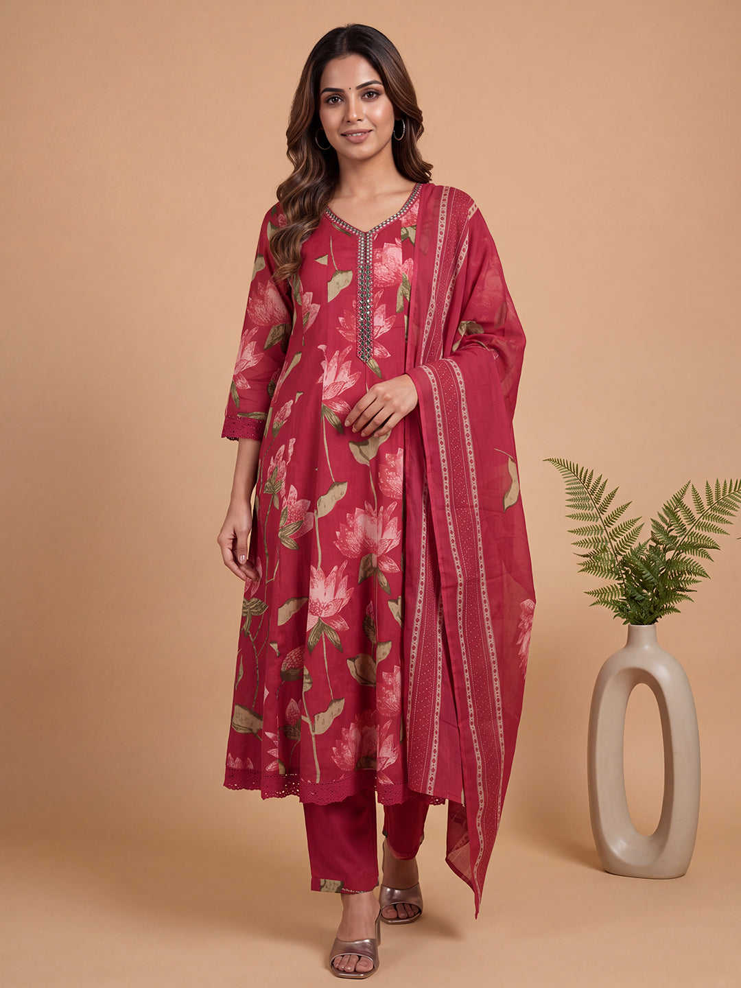 Women Printed & Embroidered Dark Pink Kurti Set EKS148