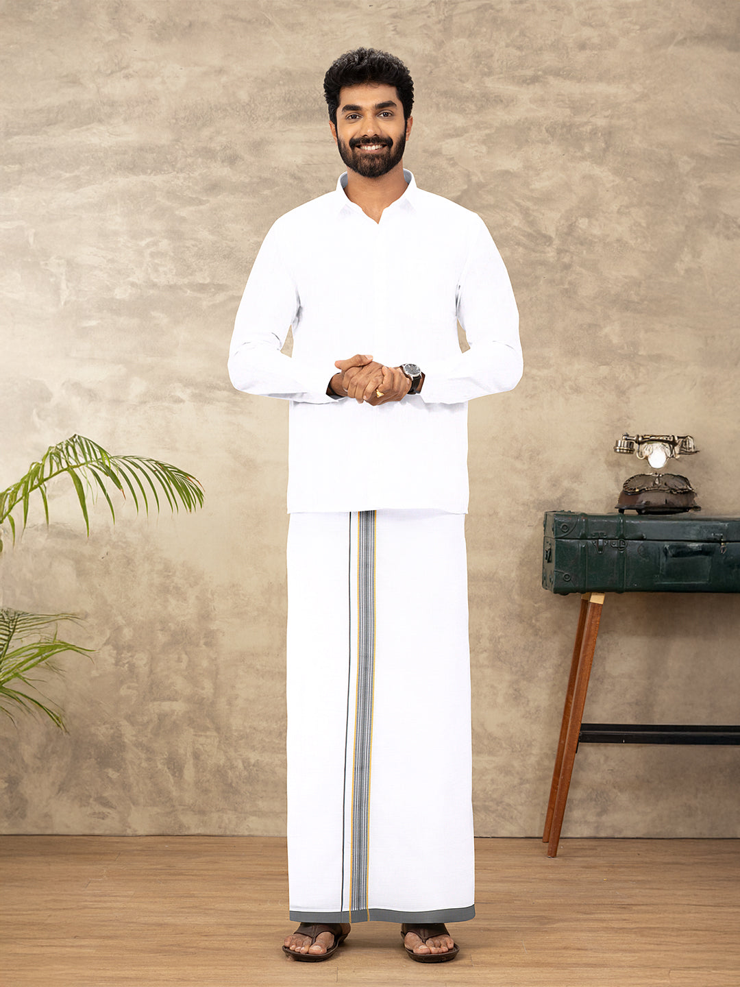 Men Cotton Blend Single Layer White Dhoti with Fancy Jari Border WGF14