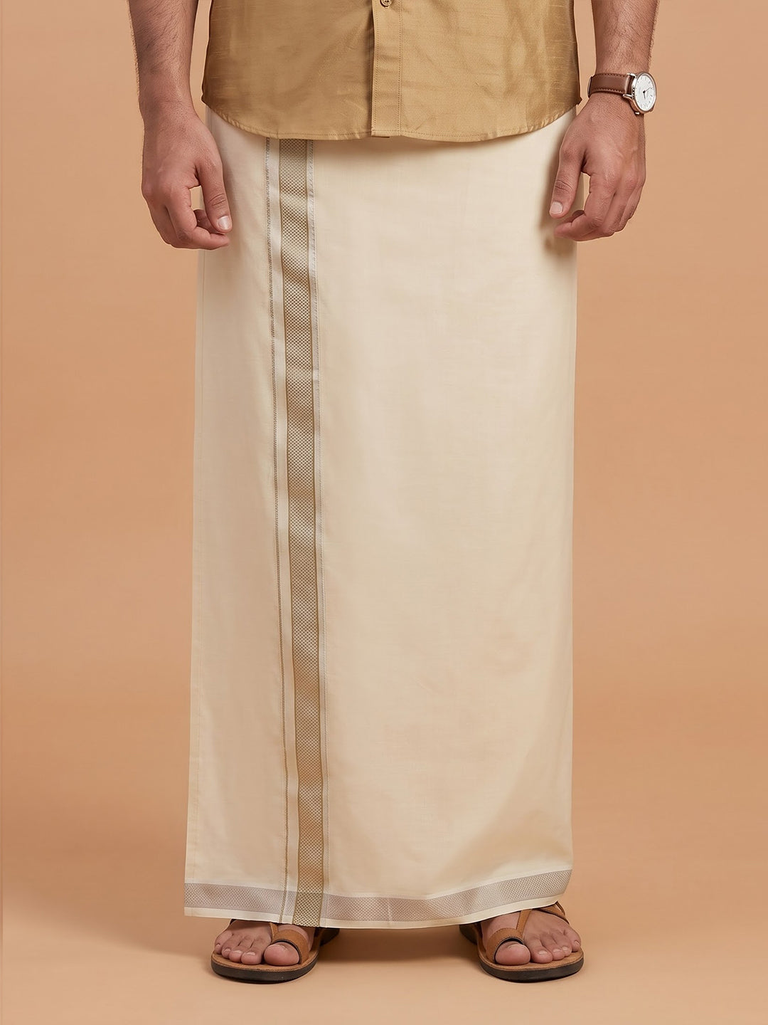 Double Layer Giza Cotton Cream Kora Dhoti with Colour Jari Border - LC40