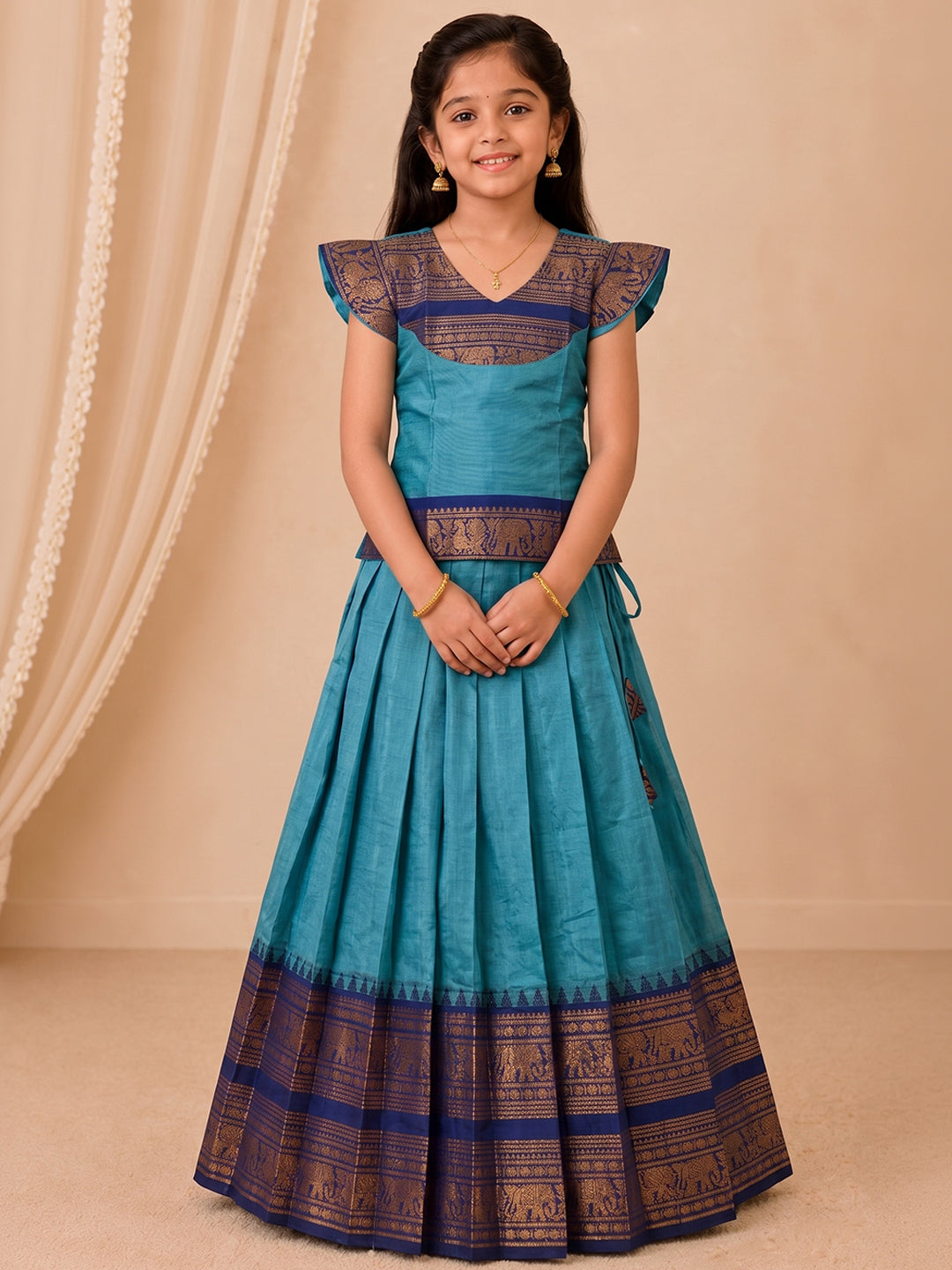 Girls Cotton Blue Pattu Pavadai Set GPS55