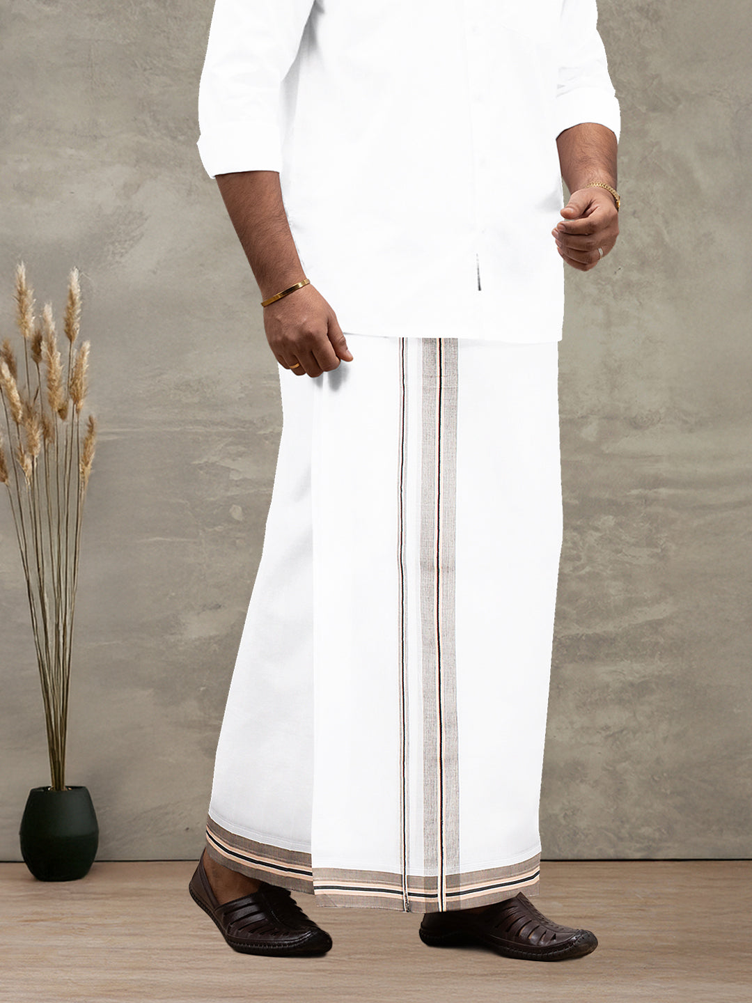 Men 100% Cotton Double Layer White Dhoti with Fancy Jari Border EJF11