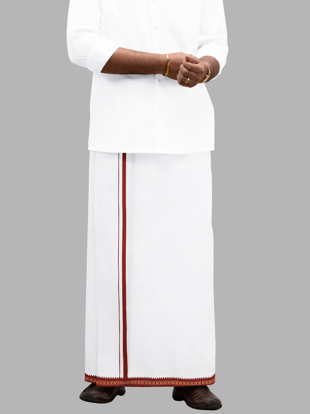 Men Cotton Blend Single Layer White Dhoti with Mayilkhan Border