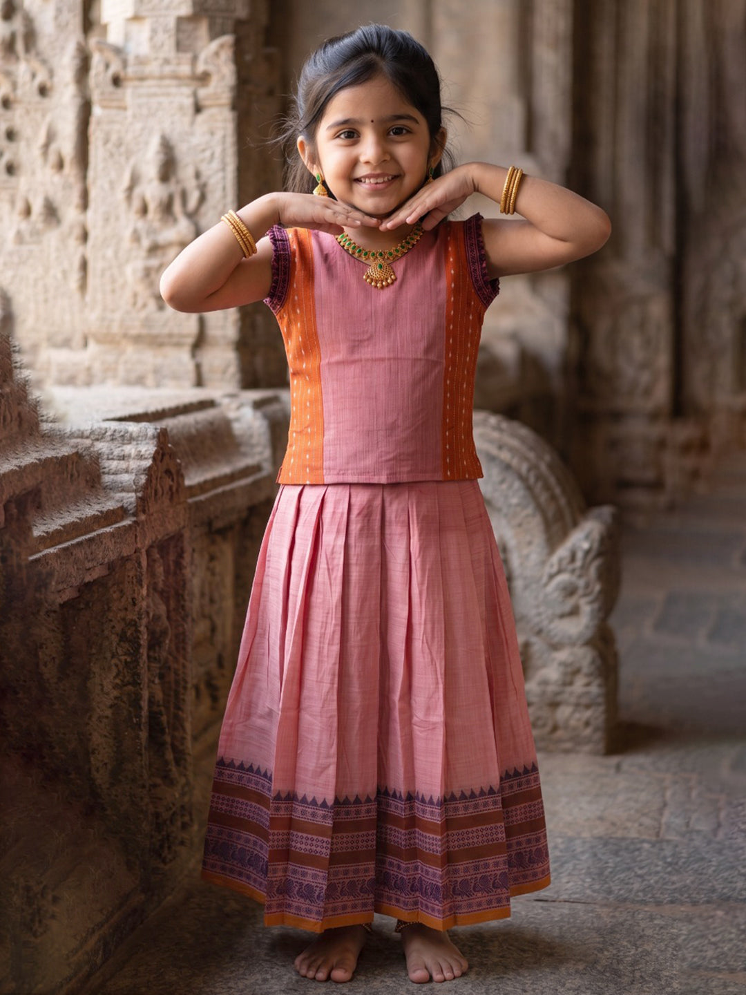 Girls Cotton Lilac with Brown Pattu Pavadai Set GPS51