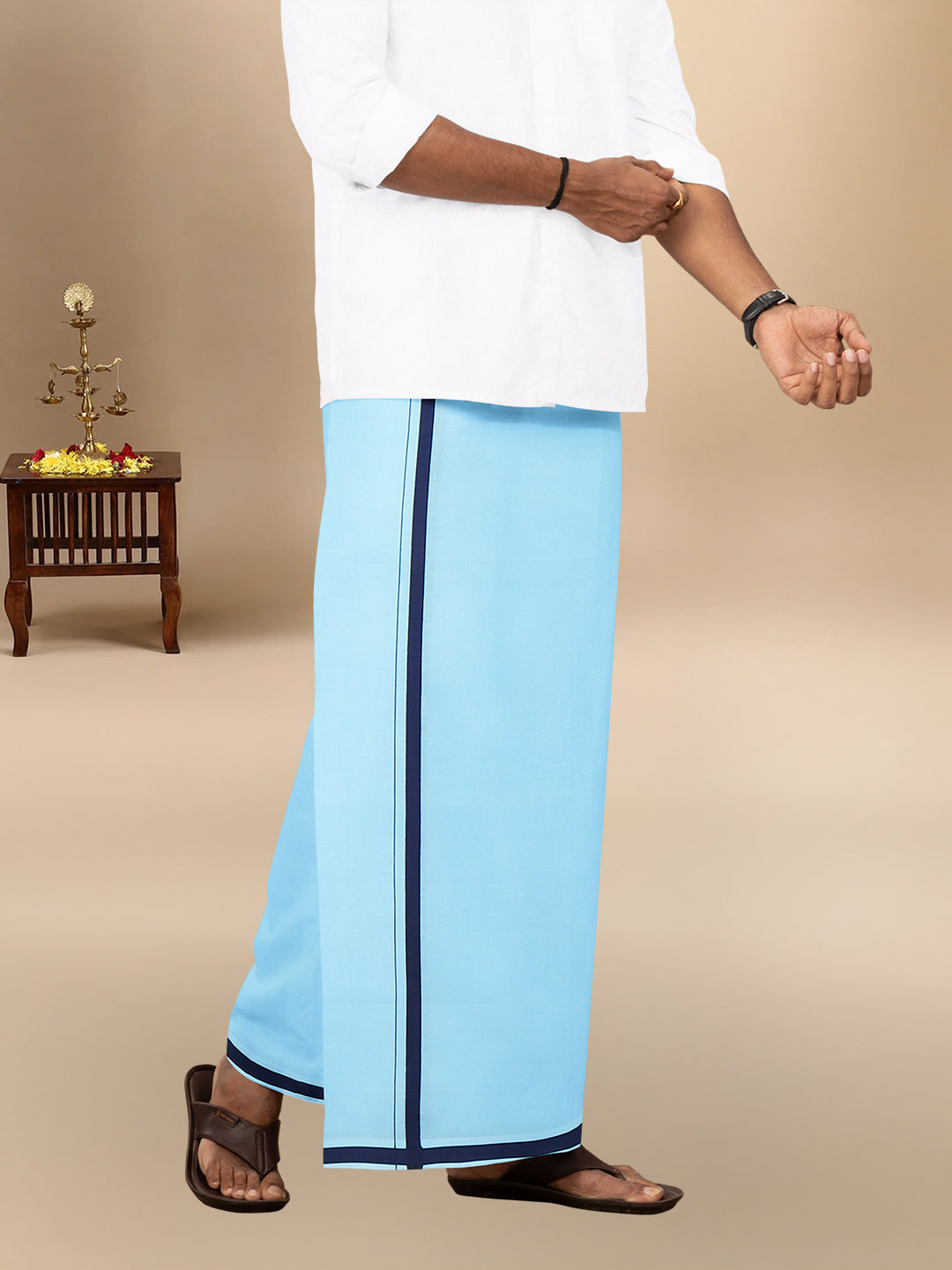 Men 100% Cotton Single Layer Mint Blue Dhoti with Big Border Poojan