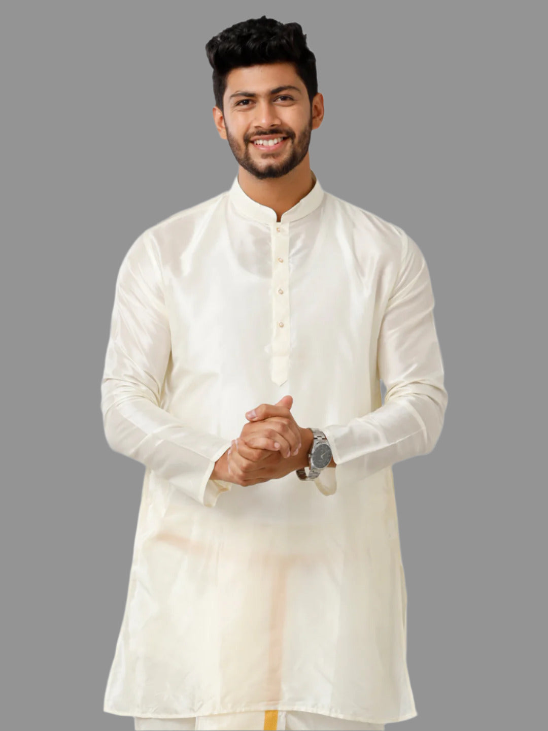 Men Soft Silk Medium Length Plain Kurta Cream