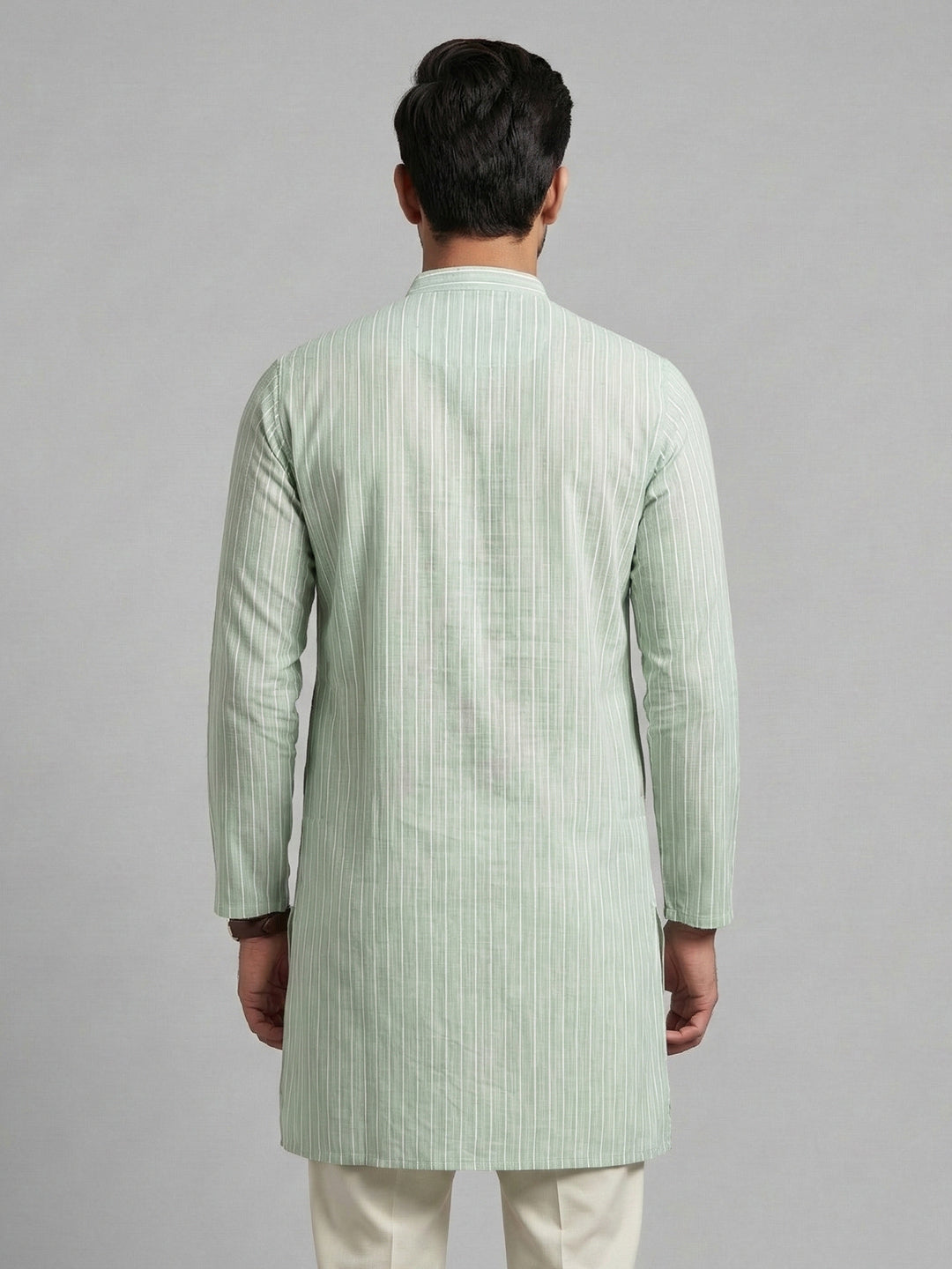 Men Cotton Medium Length Striped Pocket Kurta Light Green RN50