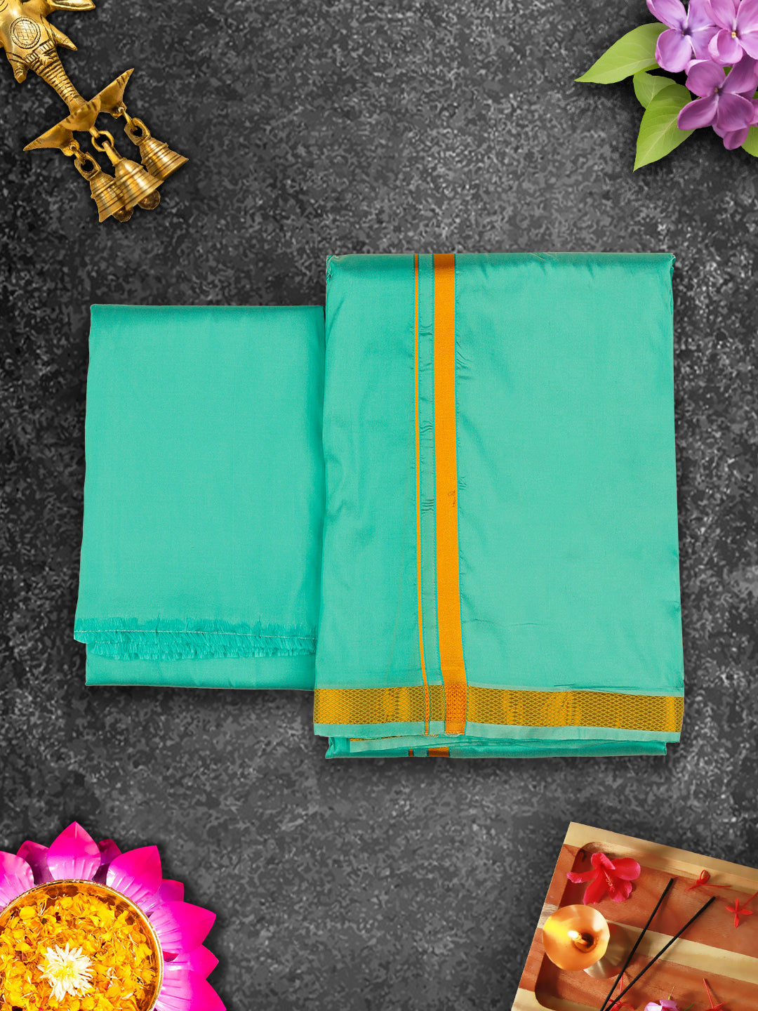 Mens Premium Art Silk Green Shirting & Gold Jari Border Panchakacham Set 9+5 Ashirwath