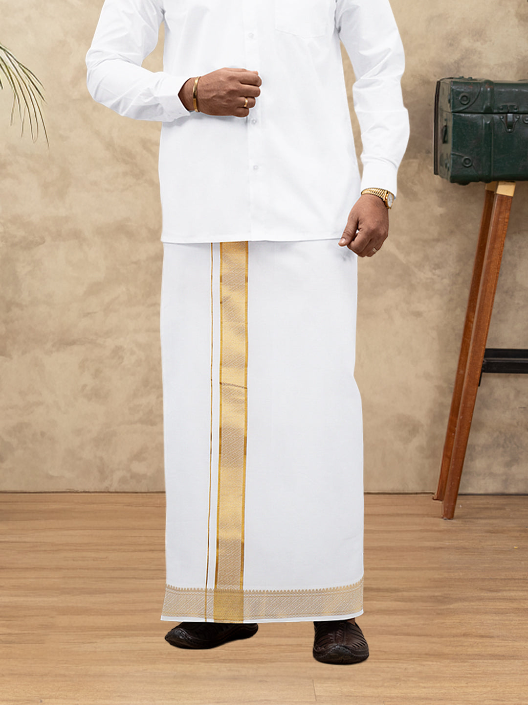 Men 100% Cotton Single Layer White Dhoti with Gold Jari Border Aura 365
