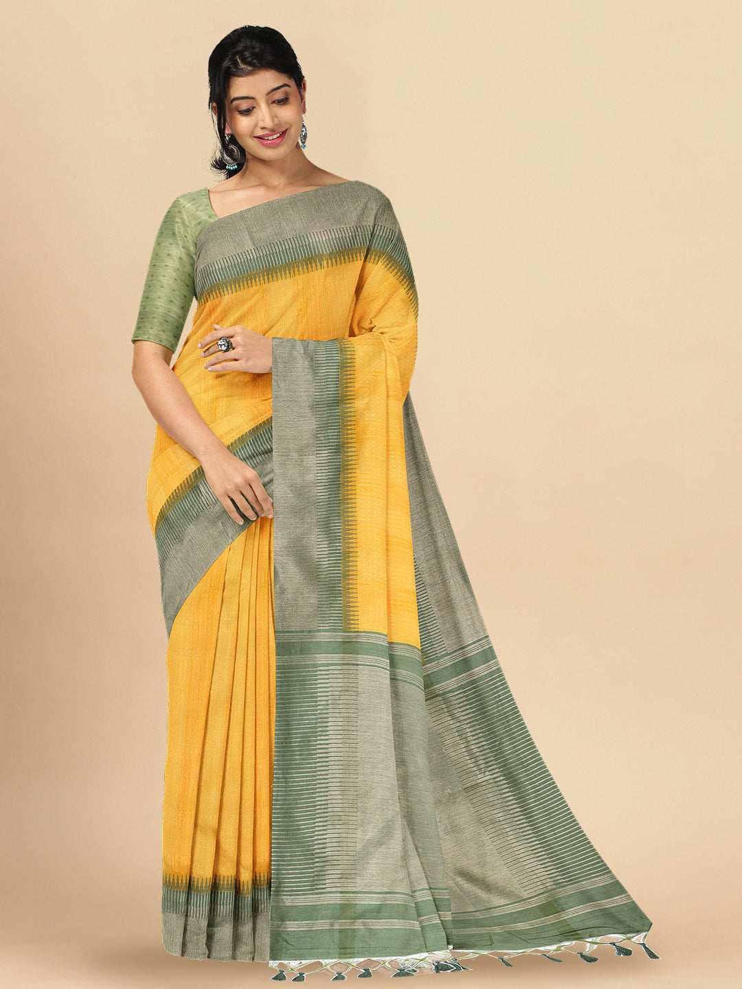 Women Rich Look Yellow with Green Semi Raw Silk Weaving Saree - SRS40