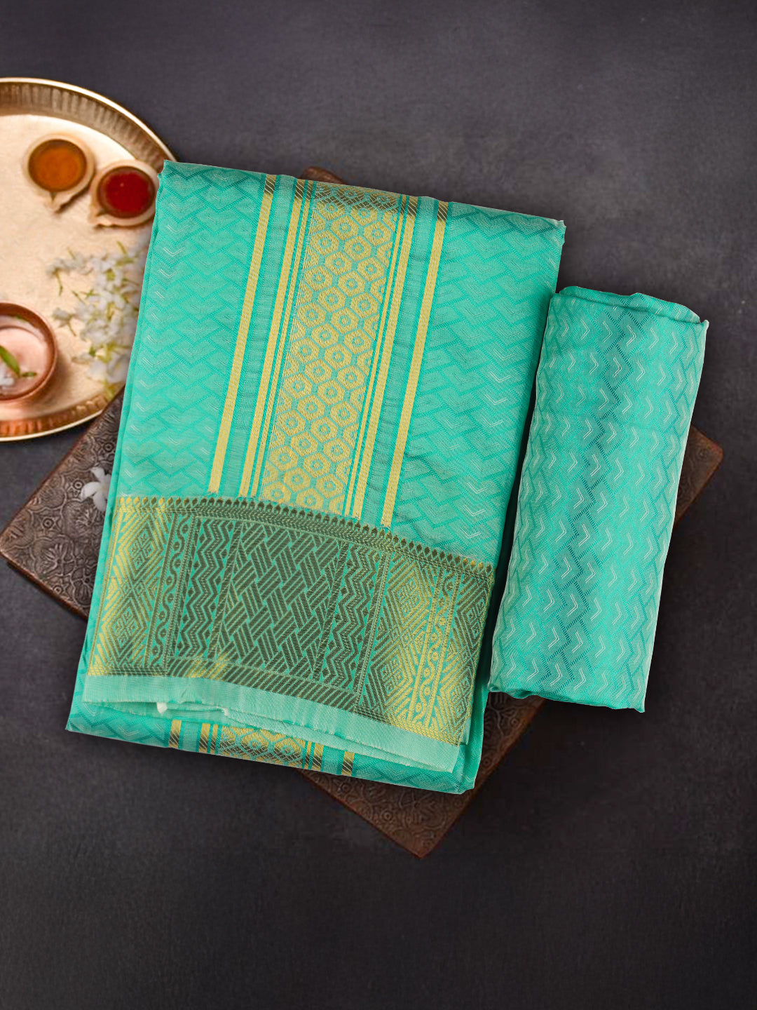 Men Art Silk Dhoti & Shirting R.Green Mangalakara Set 140k (2 in 1)