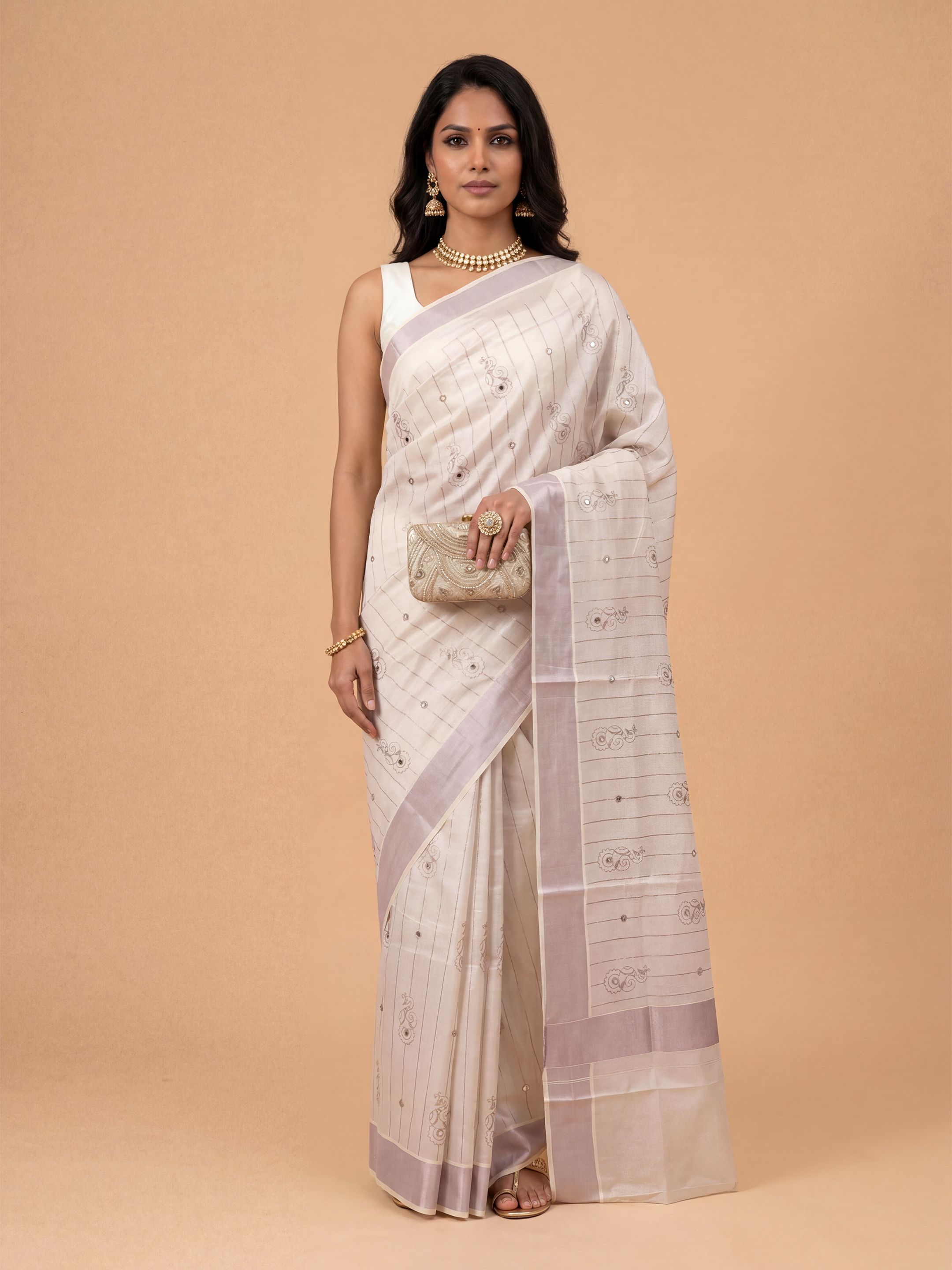 Women Tissue Lavender Embroidered Kerala Saree KLS17
