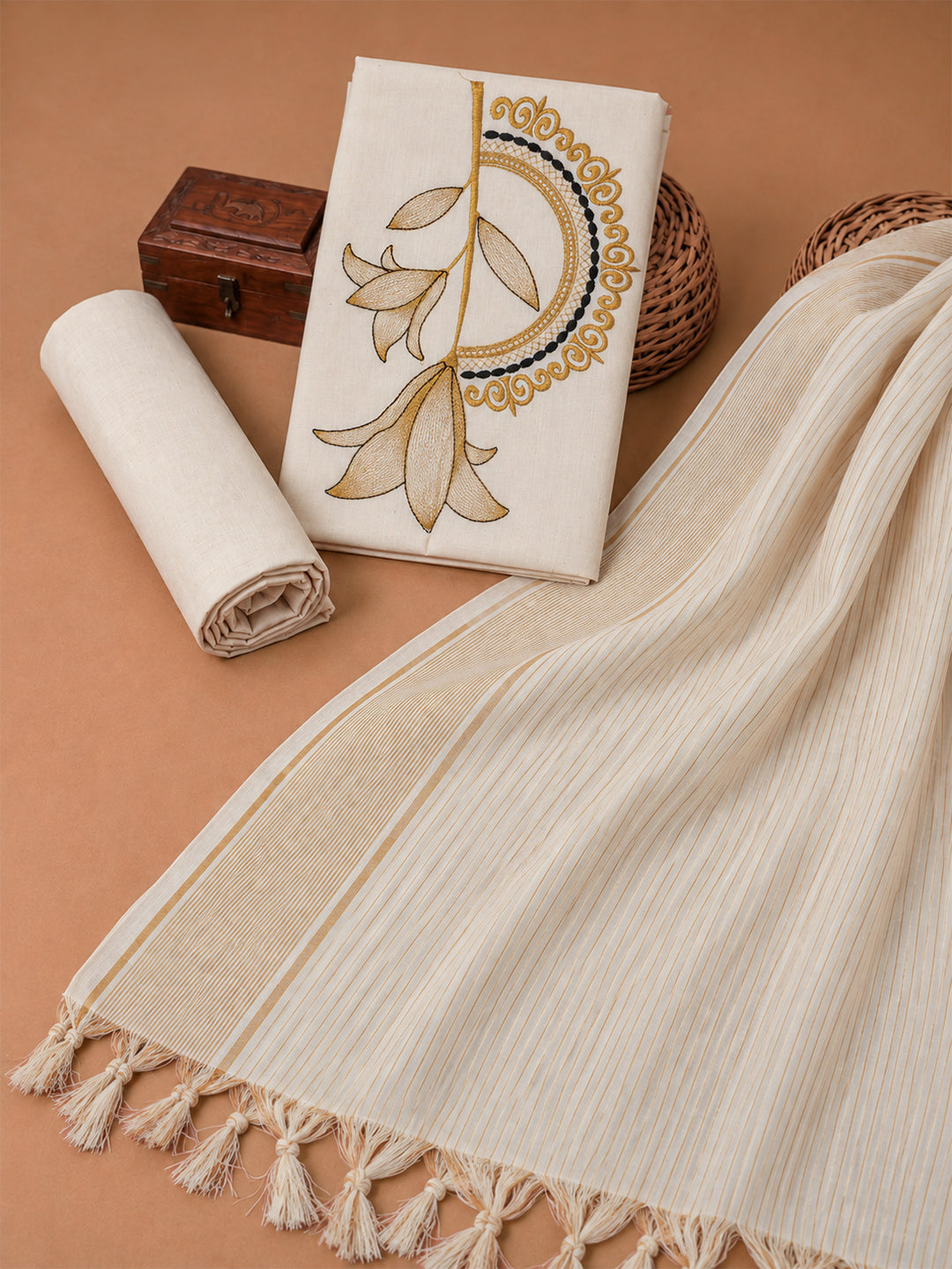 Women Kora Cotton Cream Embroidered Dress Material DM381