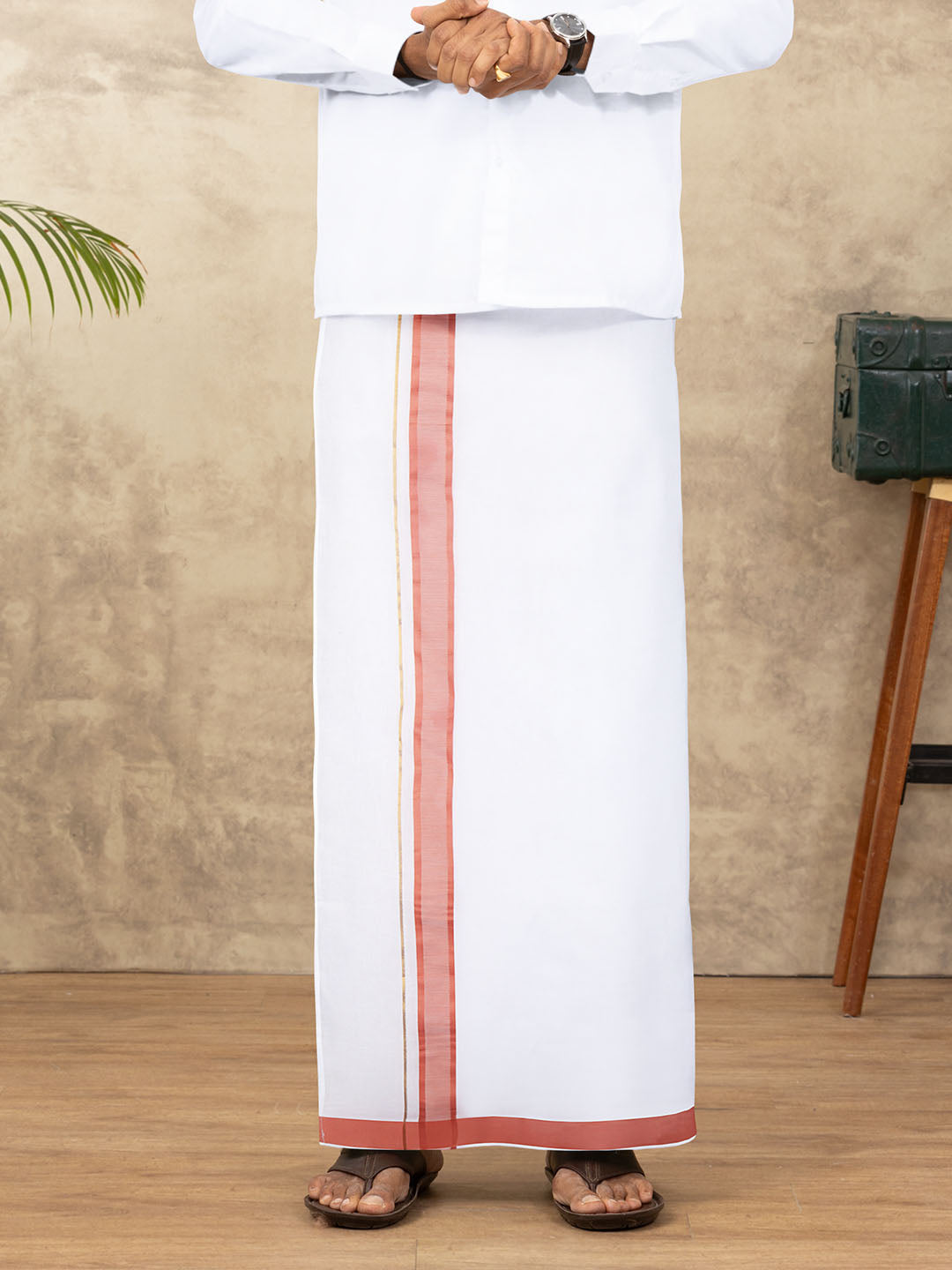 Men Cotton Blend Readymade Double Layer White Dhoti with Fancy Jari Border GFDA08