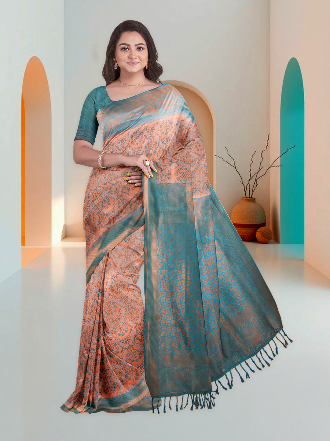 Women Light Copper Art Silk Printed Saree ASS54