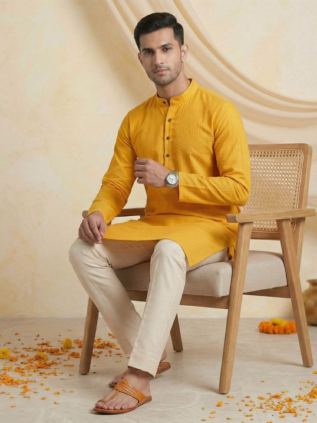 Cotton Full Length Self Design Pocket Kurta Orangy Yellow Y4