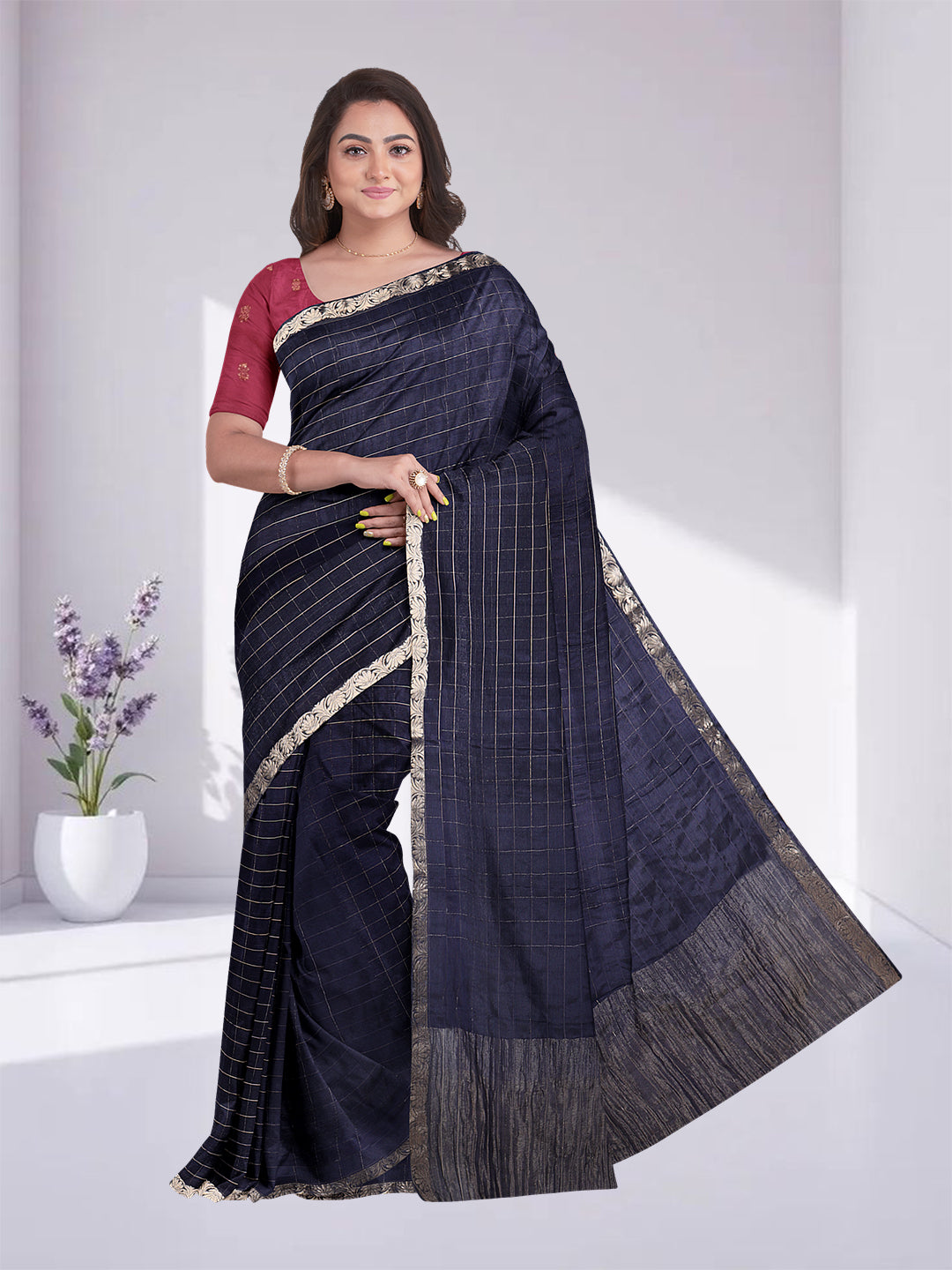 Women Navy Blue Semi Silk Saree SS346