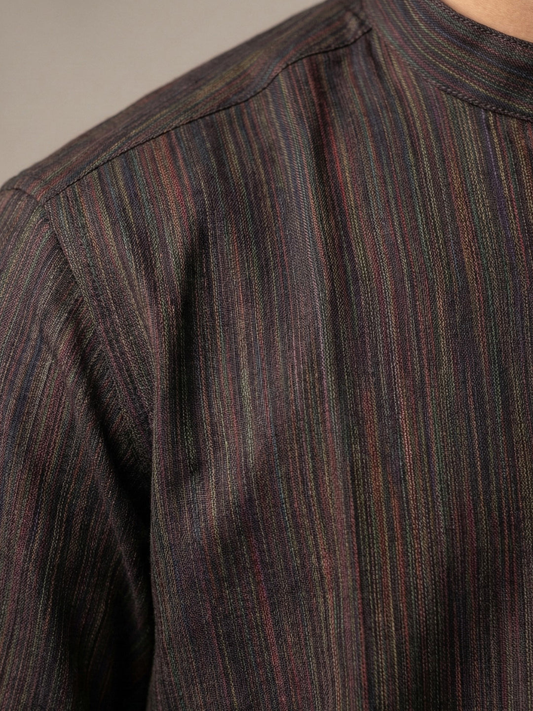 Men Cotton Medium Length Striped Pocket Kurta Brownish Black PE24