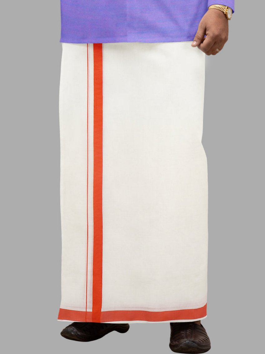 Men Kora Cotton Double Layer Dhoti with Orange Fancy Border LS04