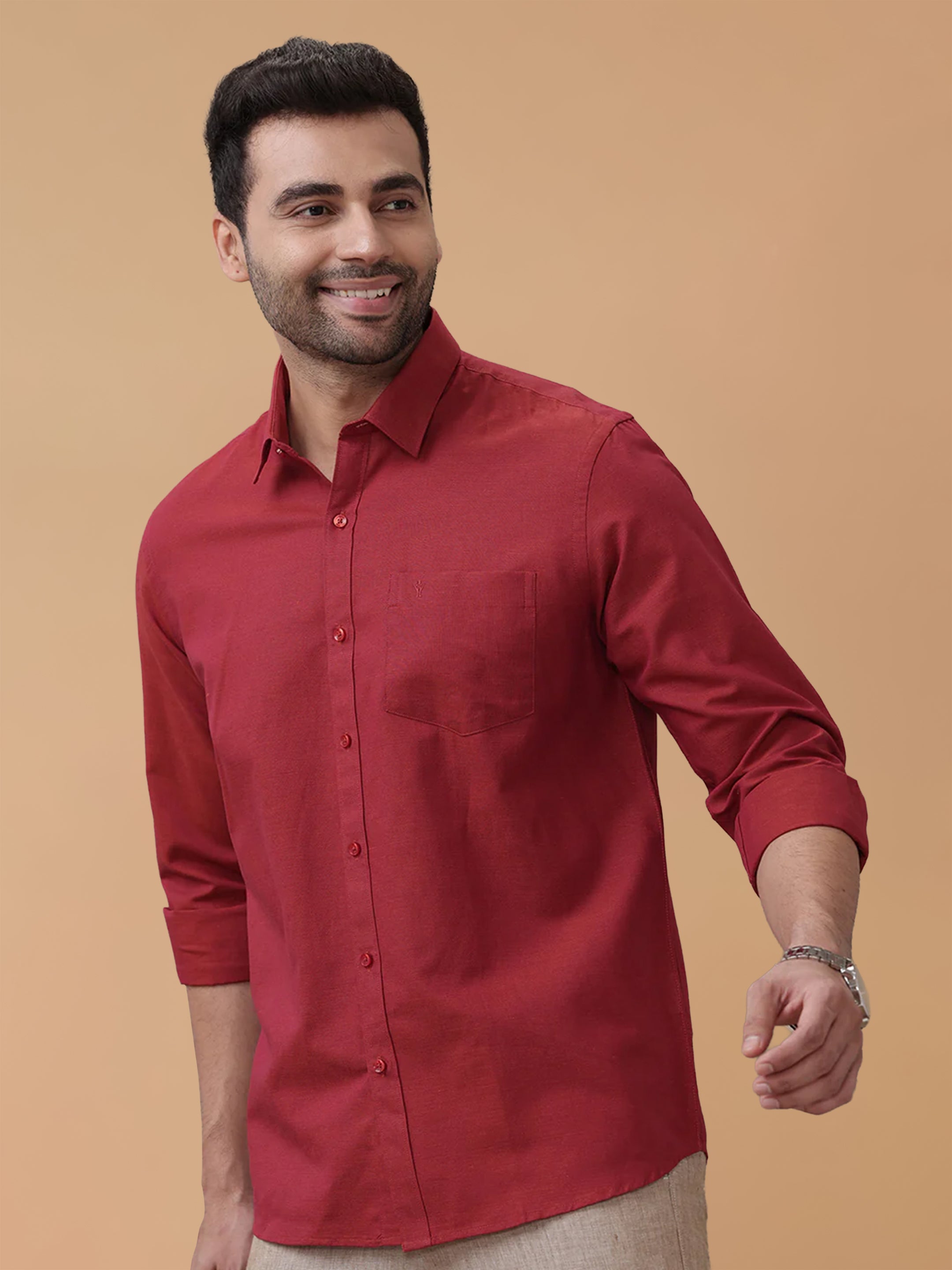 Linen Cotton Brick Red Regular Fit Shirt LF20