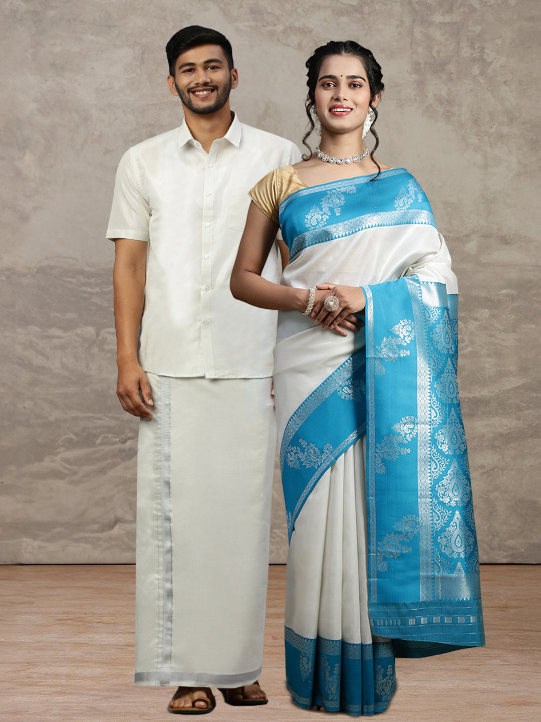 Couple Combo Shirt & Dhoti Set with Saree Silver TS55
