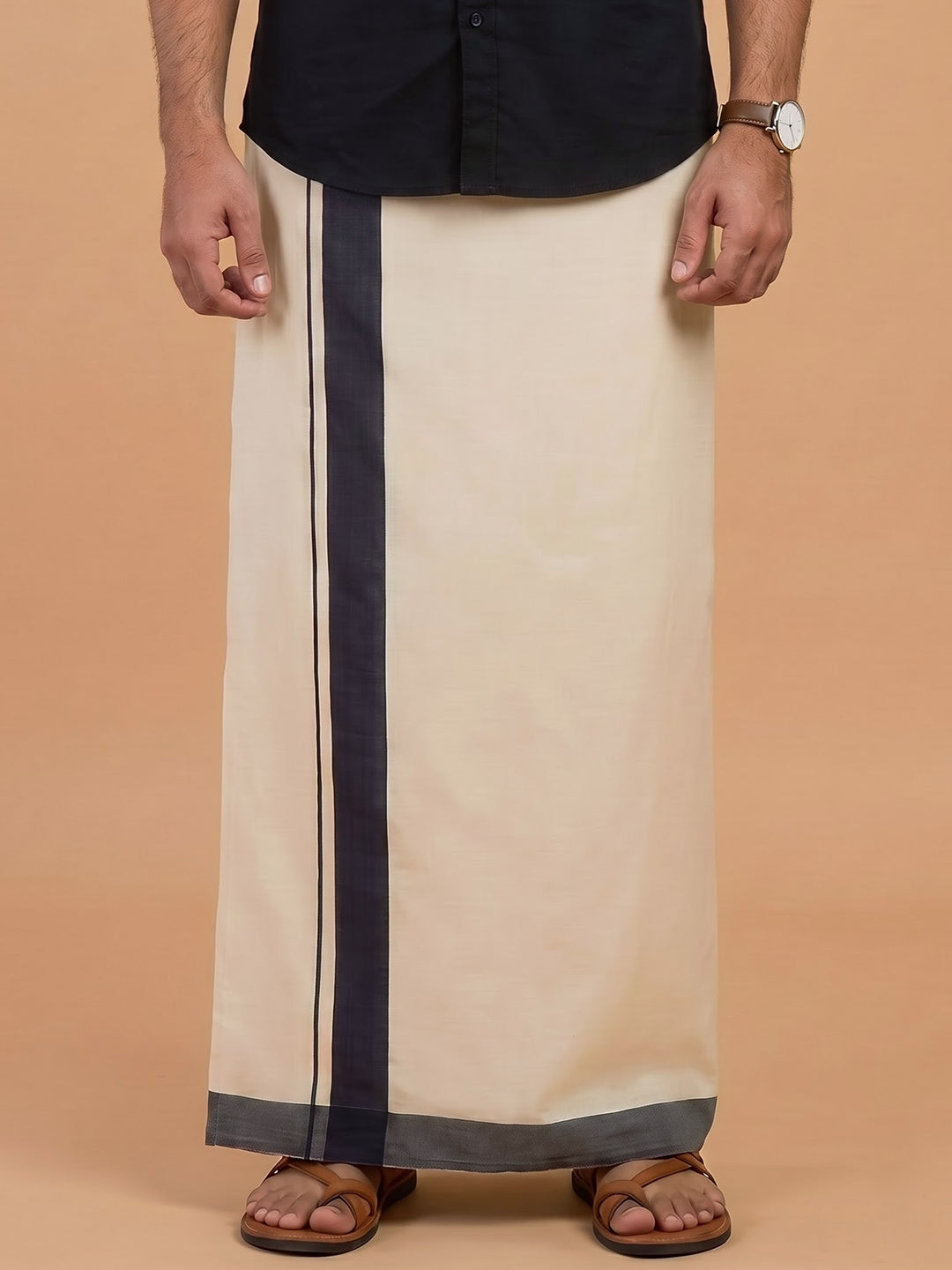 Double Layer 100% Cotton Cream Kora Dhoti with Colour Border - BSD01