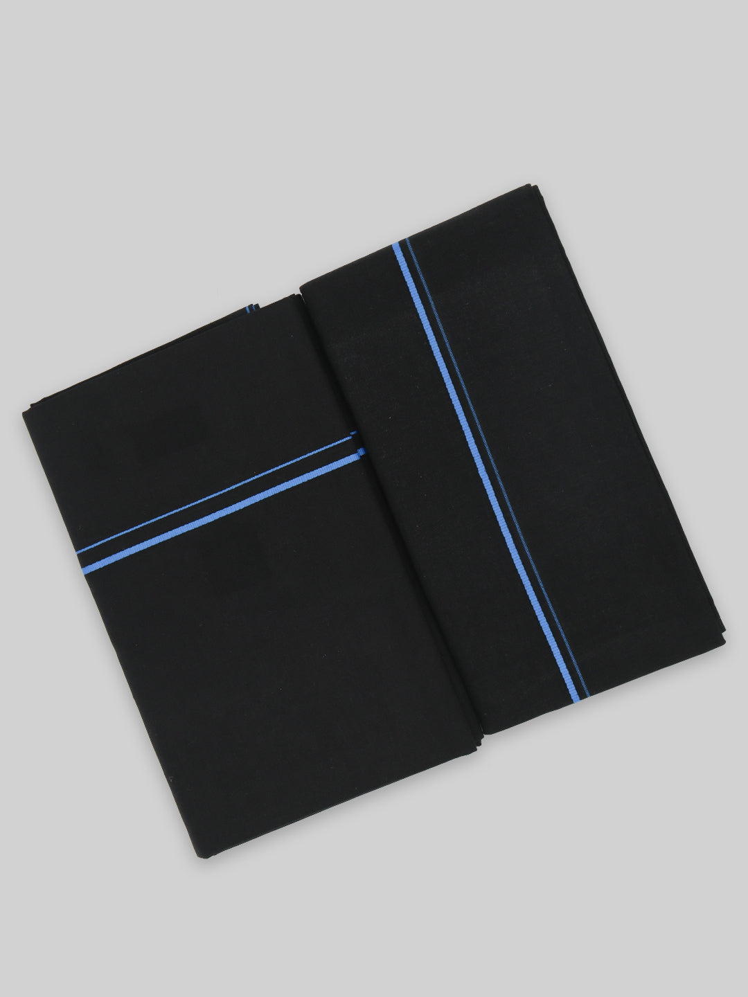 Men Cotton Blend Single Layer Black Dhoti & Towel Set with Blue Small Border Sudhan