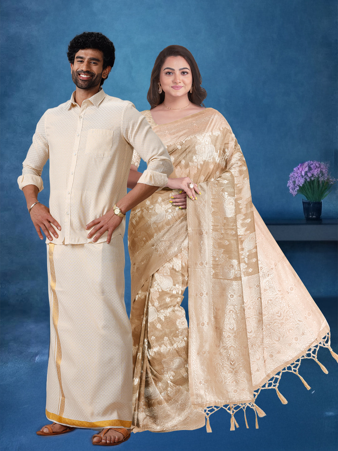 Couple Combo Shirt & Dhoti Set with Saree Gold GD13