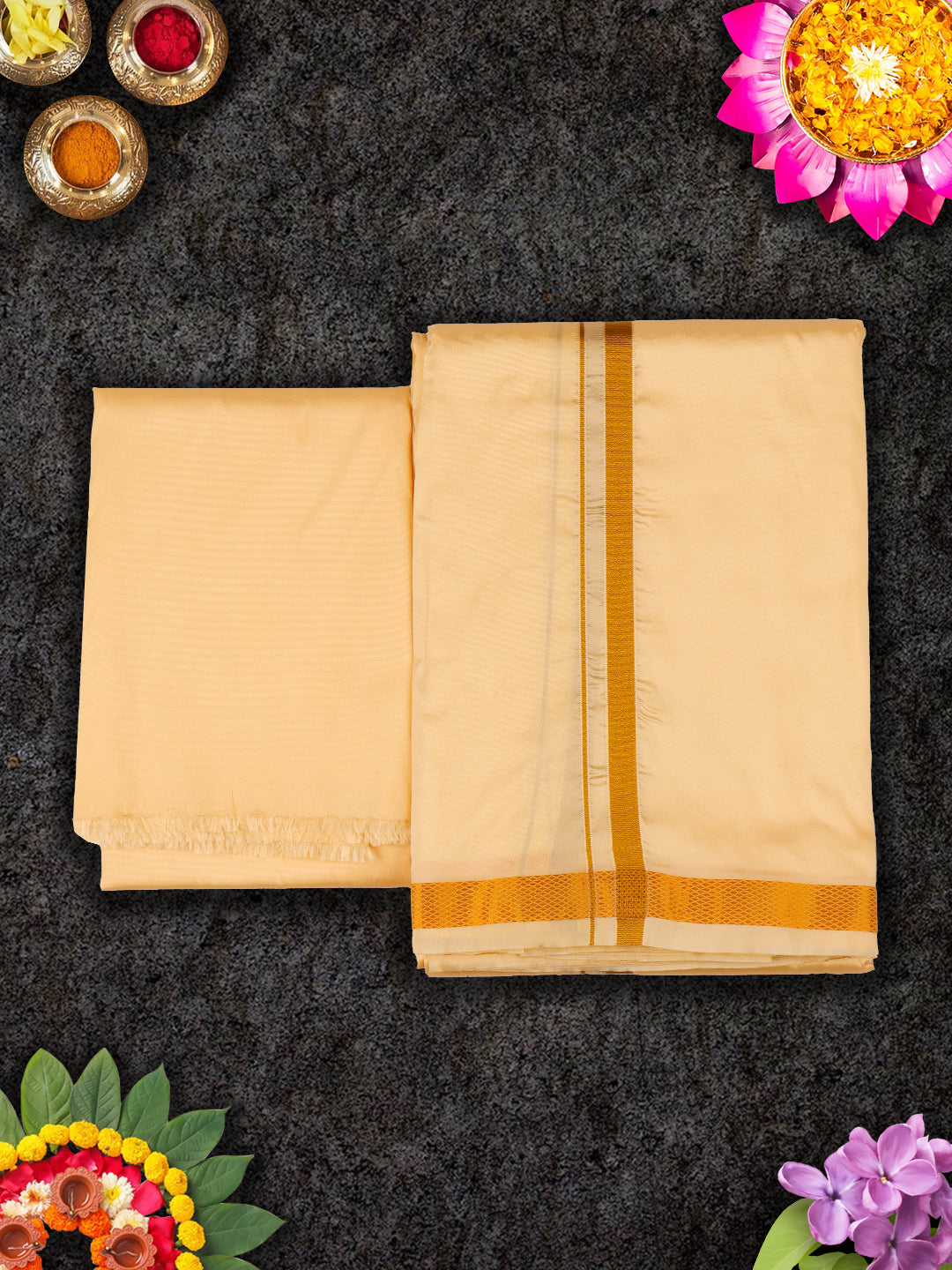 Mens Premium Art Silk Light Sandal Shirting & Gold Jari Border Panchakacham Set 9+5 Ashirwath