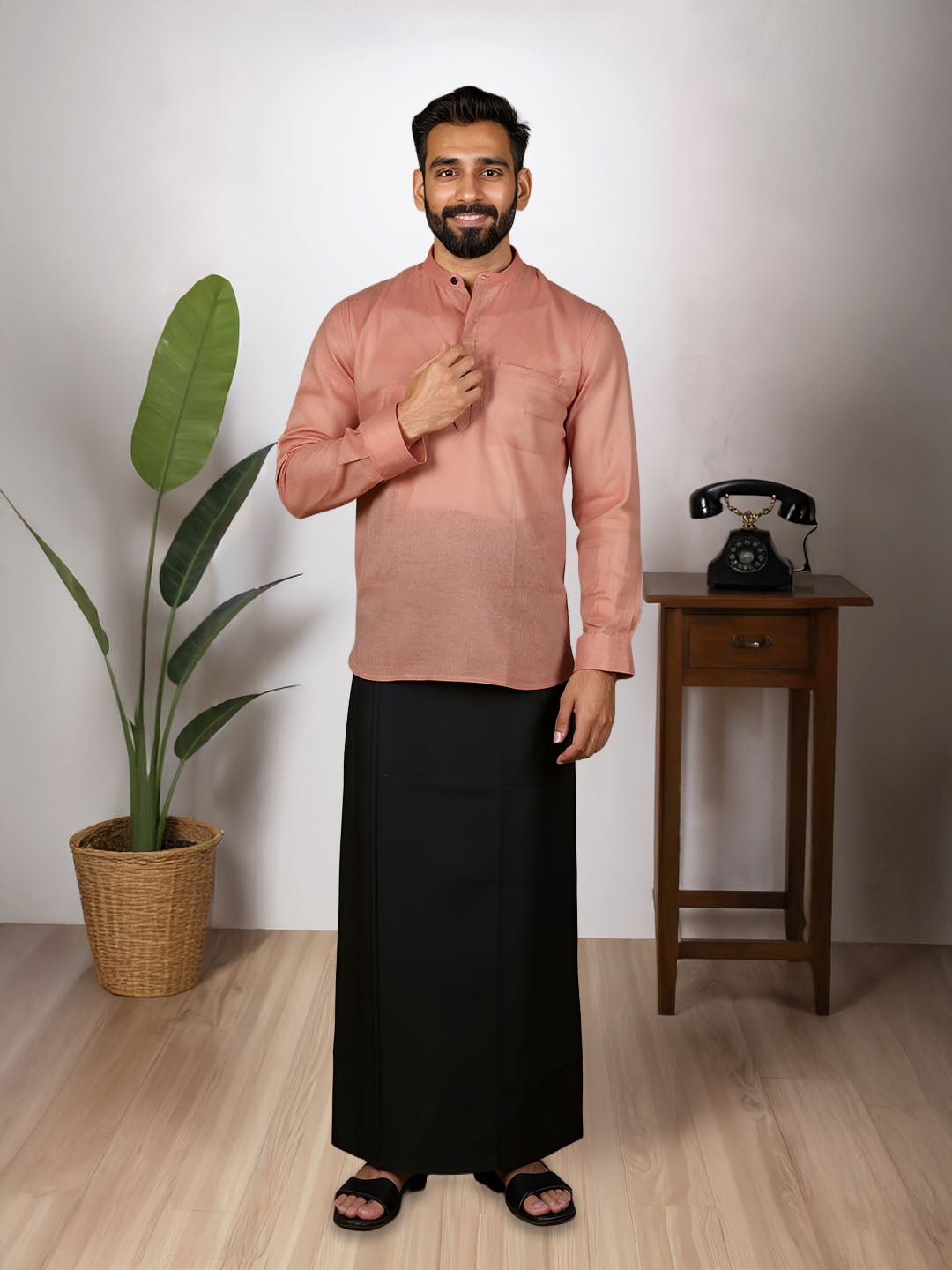 Coolie Rajini Style Men Peach Short Length Pocket Kurta with Black Dhoti Set RJ43