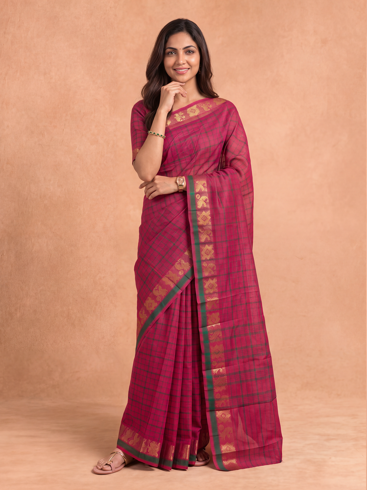Women Chettinad Cotton Dark Pink Saree CCS20