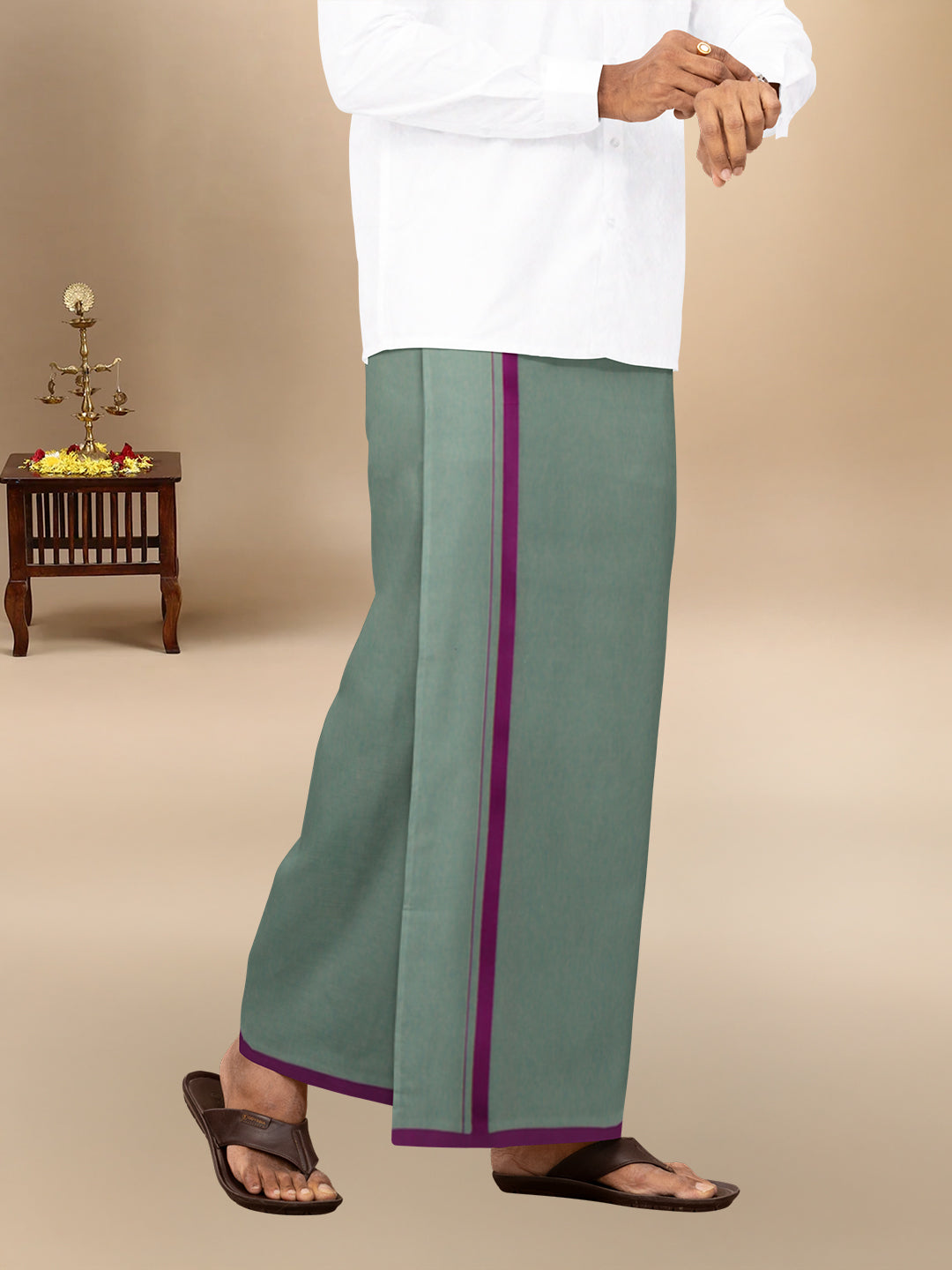 Men 100% Cotton Single Layer Cement Dhoti with Big Border Poojan