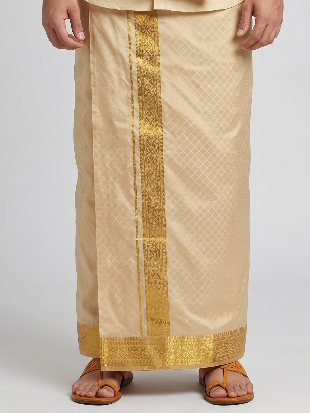 Art Silk Fresh Peach Jacquard Design Shirt Dhoti & Towel Set - FPJD1