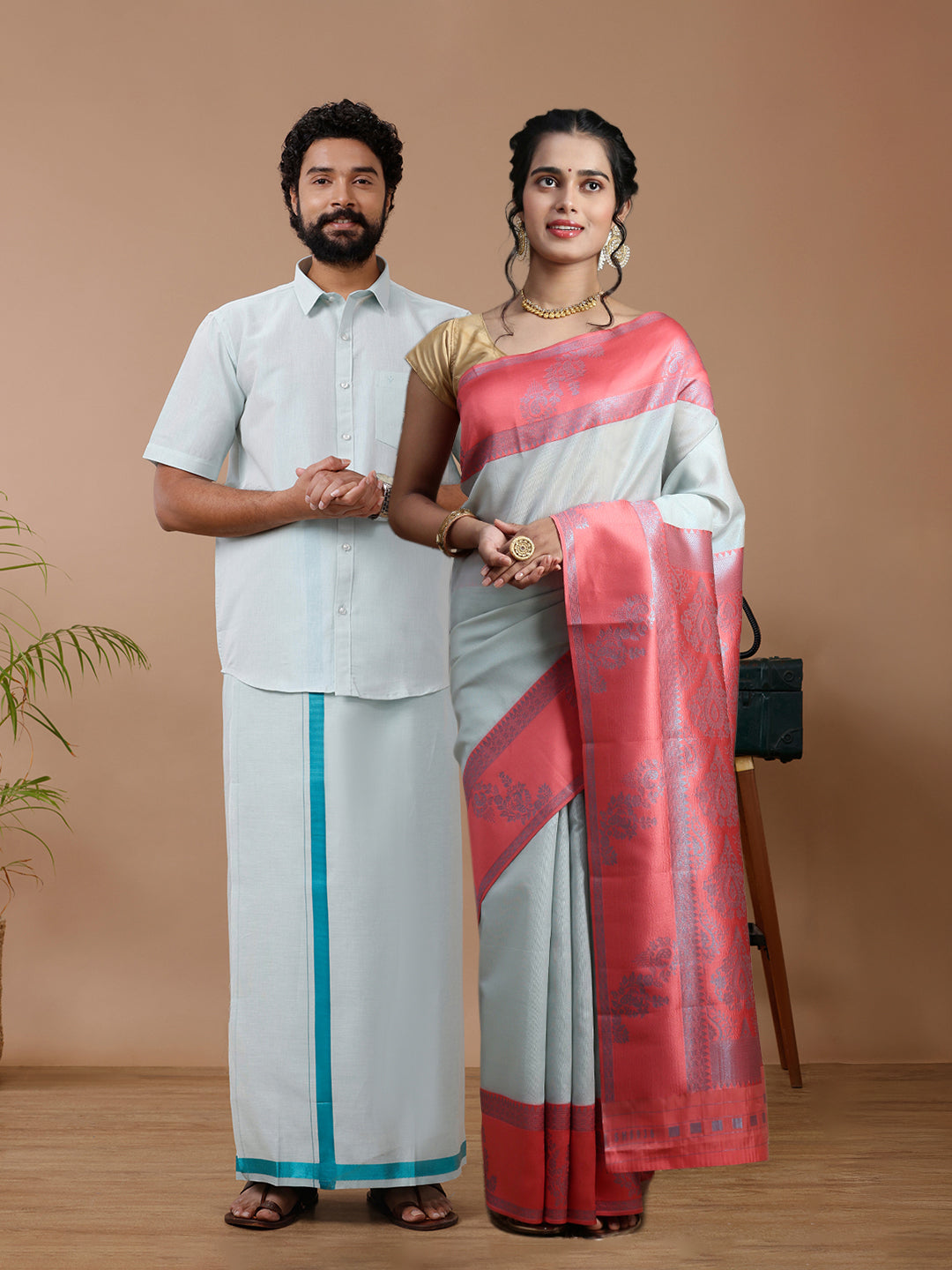 Couple Combo Shirt & Dhoti Set with Saree Ramar Green TS59