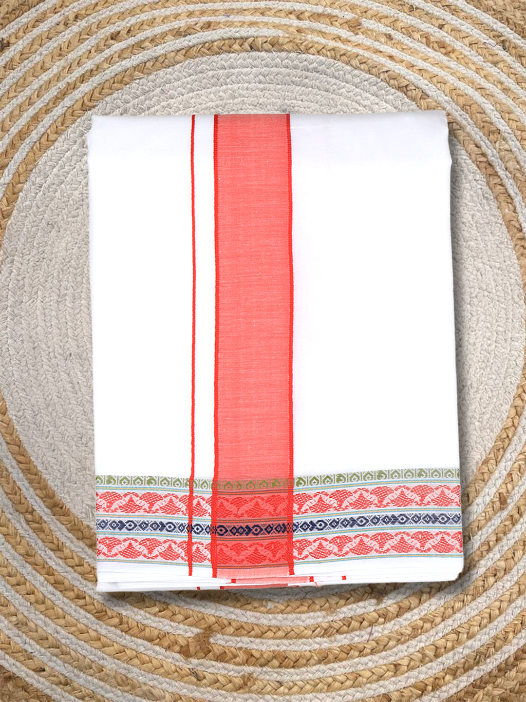 Men Cotton Red Fancy Border Panchakacham with Angavasthram Srirasthu(9+5) SR43
