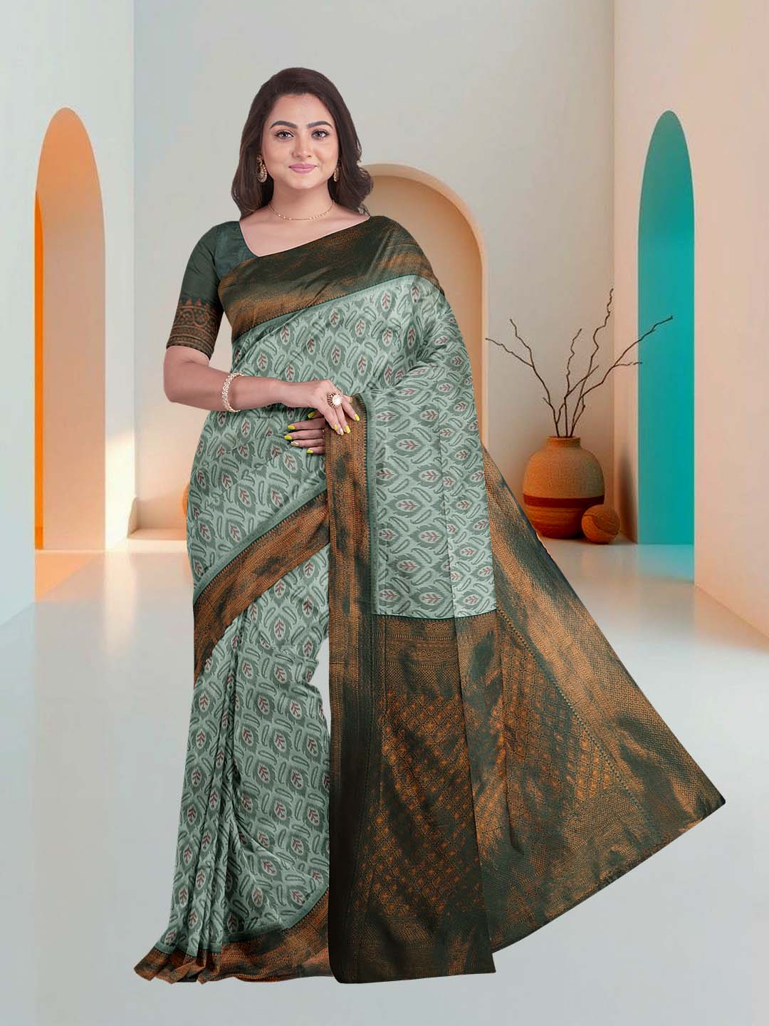 Women Green Art Silk Printed Saree ASS50