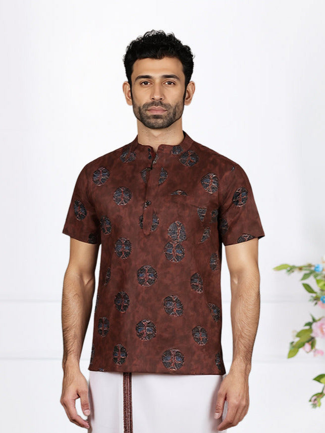 Men Reddish Brown Short Length Kurta with Matching Border Dhoti Set OE11