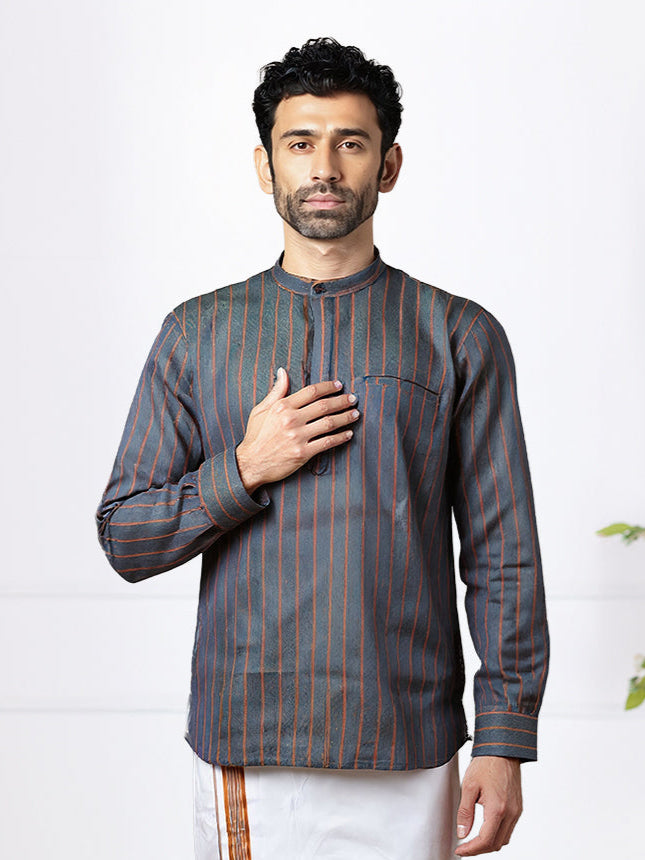 Men Cotton Short Length Self Design Pocket Kurta Bluish Green RJ38