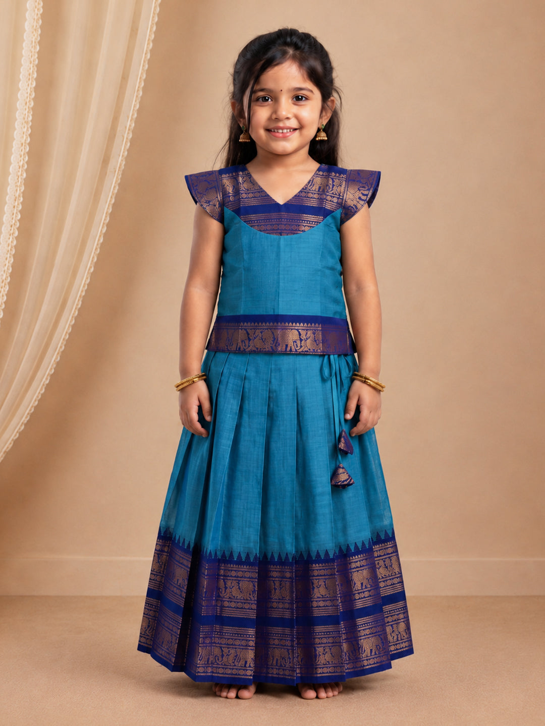 Girls Cotton Blue Pattu Pavadai Set GPS55