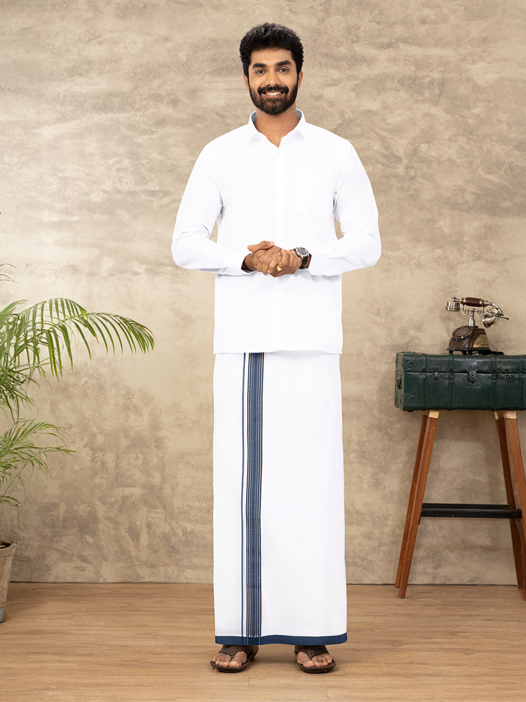 Men 100% Cotton Double Layer White Dhoti with Fancy Jari Border RGF04