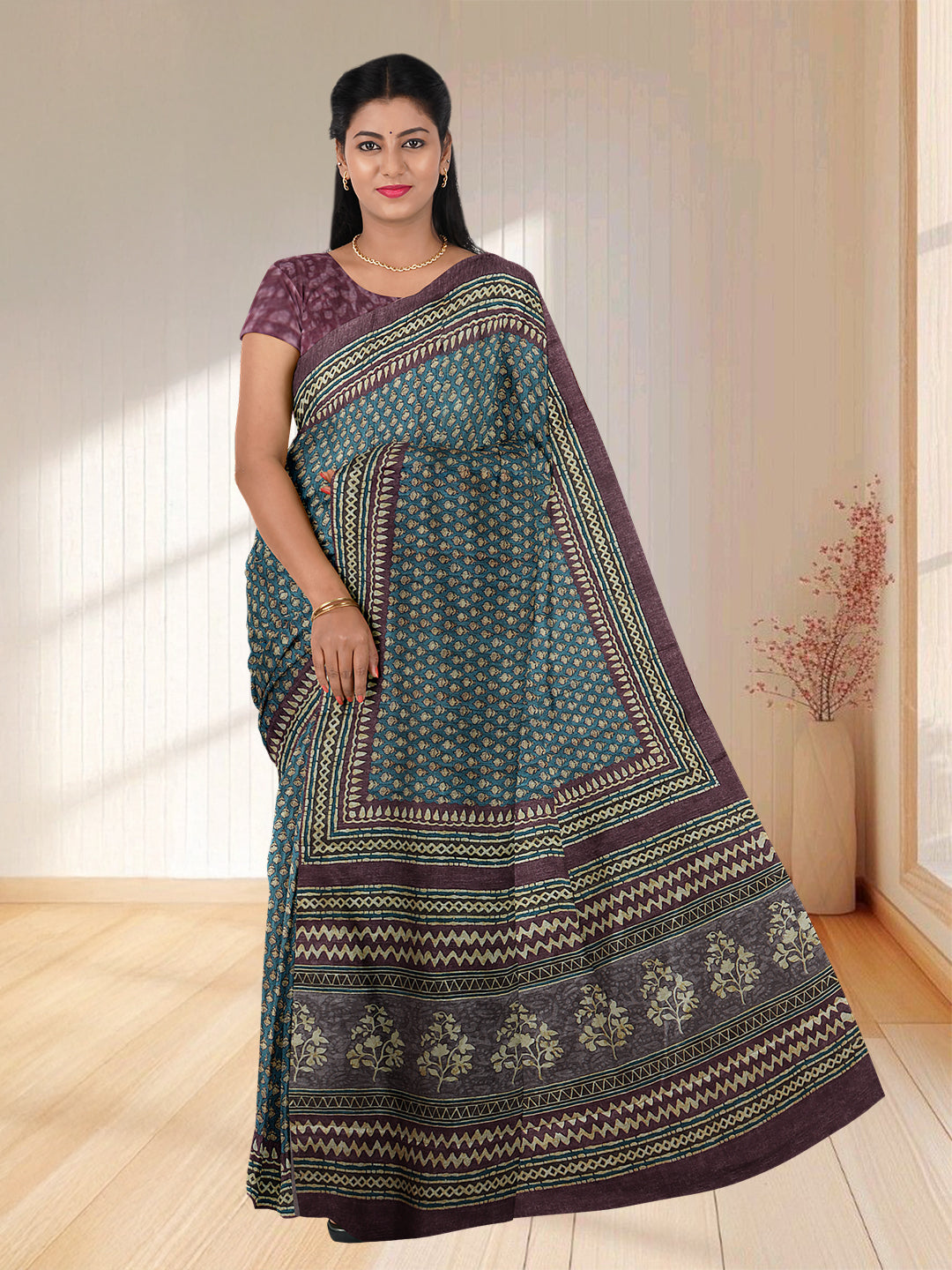 Women Green Semi Tussar Printed Saree ST255